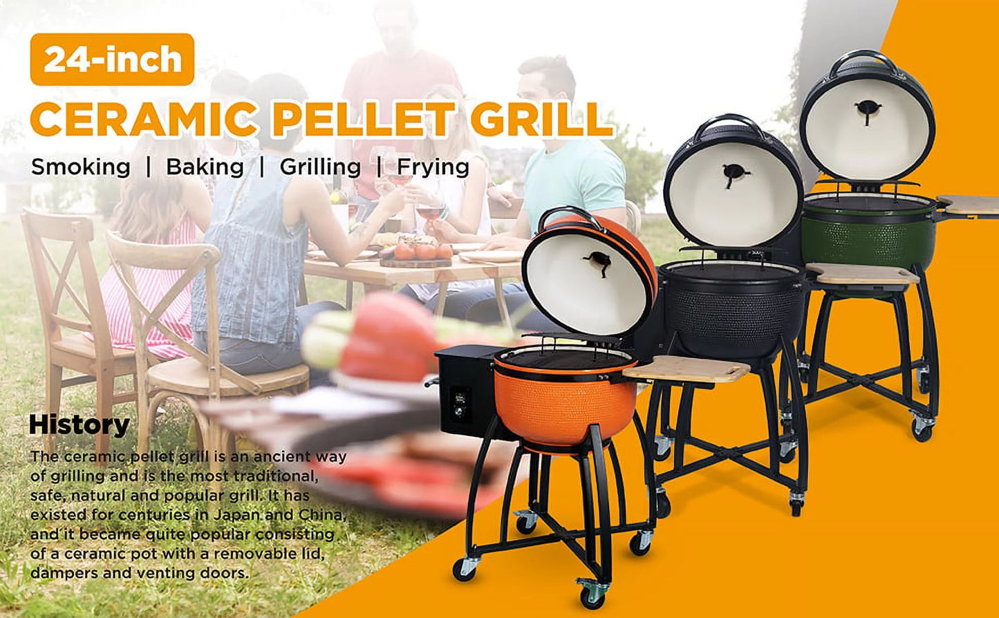 24 "Ceramic Pellet Grill with 19.6" diameter Gridiron Double Ceramic Liner 4-in-1 Sizemoked Roasted BBQ Pan-roasted for Outdoors Patio