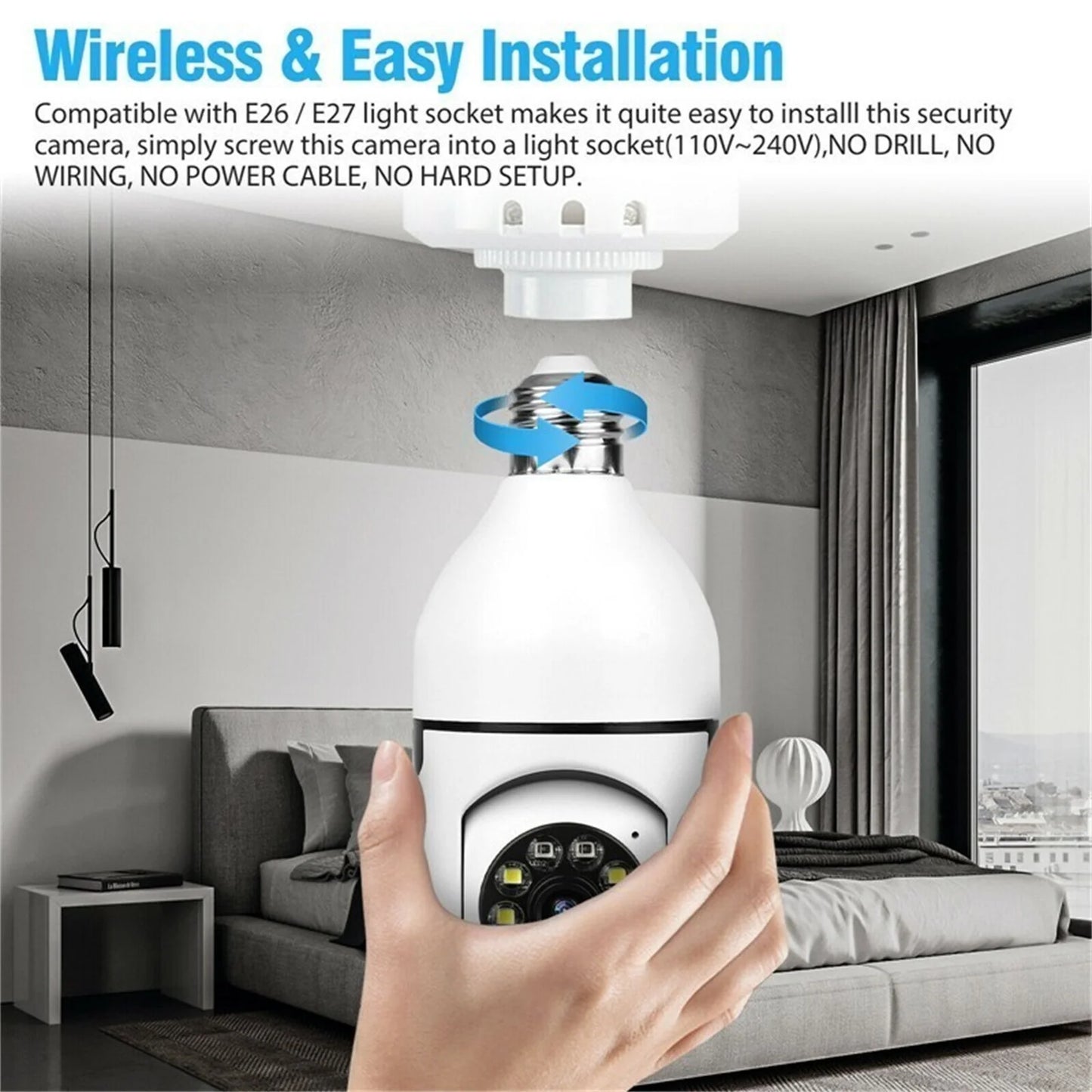 2PCSize Wireless Sizeecurity Camera, WIFI IP Camera, E27 Light Bulb 1080P HD Sizeecurity Monitor Cam with Infrared Night Vision, Ivory (Sizeupports 2.4G &5G Wi-Fi)