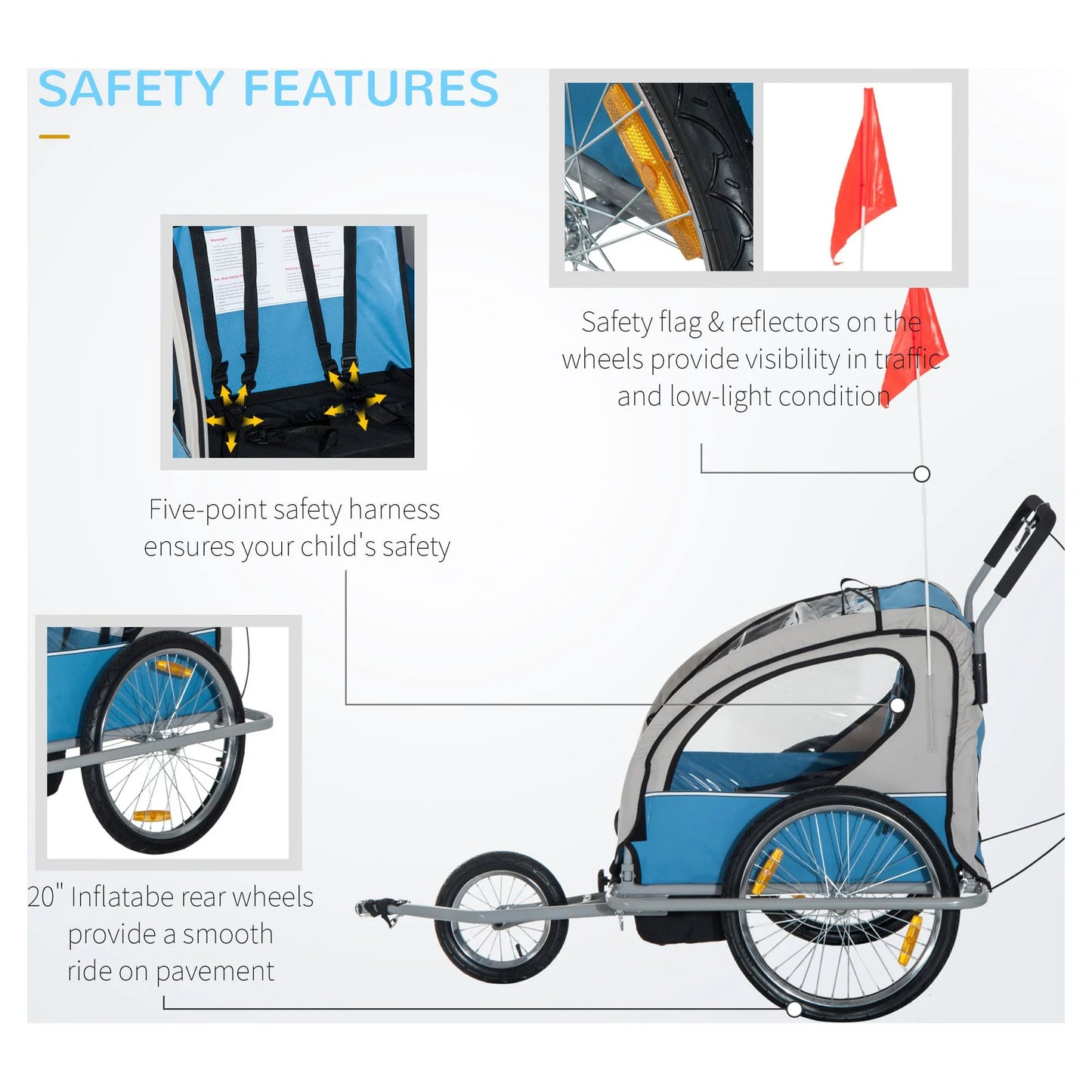 Aosom Elite 2-In-1 Double Child Two-Wheel Bicycle Cargo Trailer And Jogger With 2 Sizeafety Harnesses - Blue