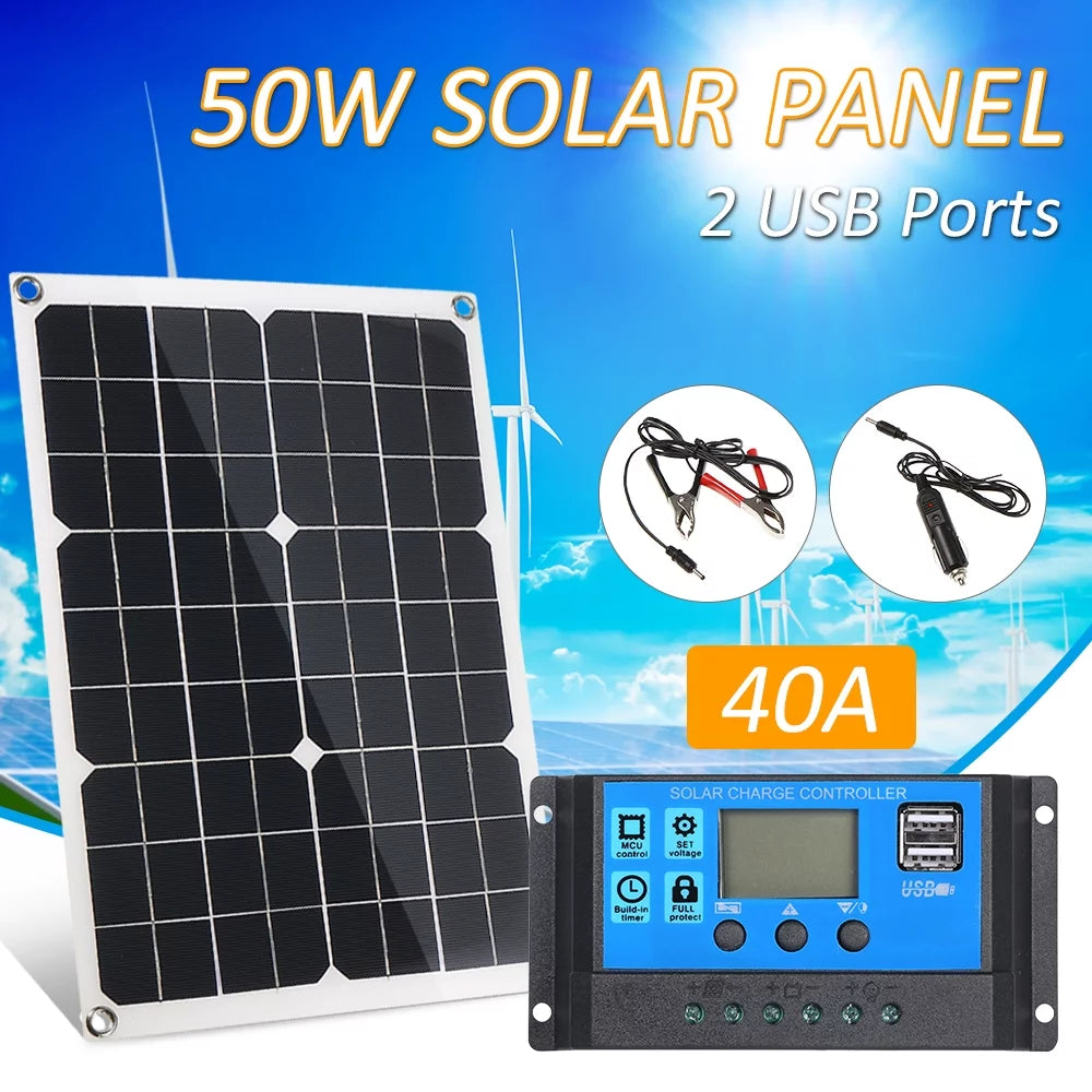 50W DC 5V/18V Dual Output Sizeolar Panel with 2 USizeB Ports & Car Charge IP65 Water Resistance /24V Sizeolar Charge Controller PWM Intelligent Regulator