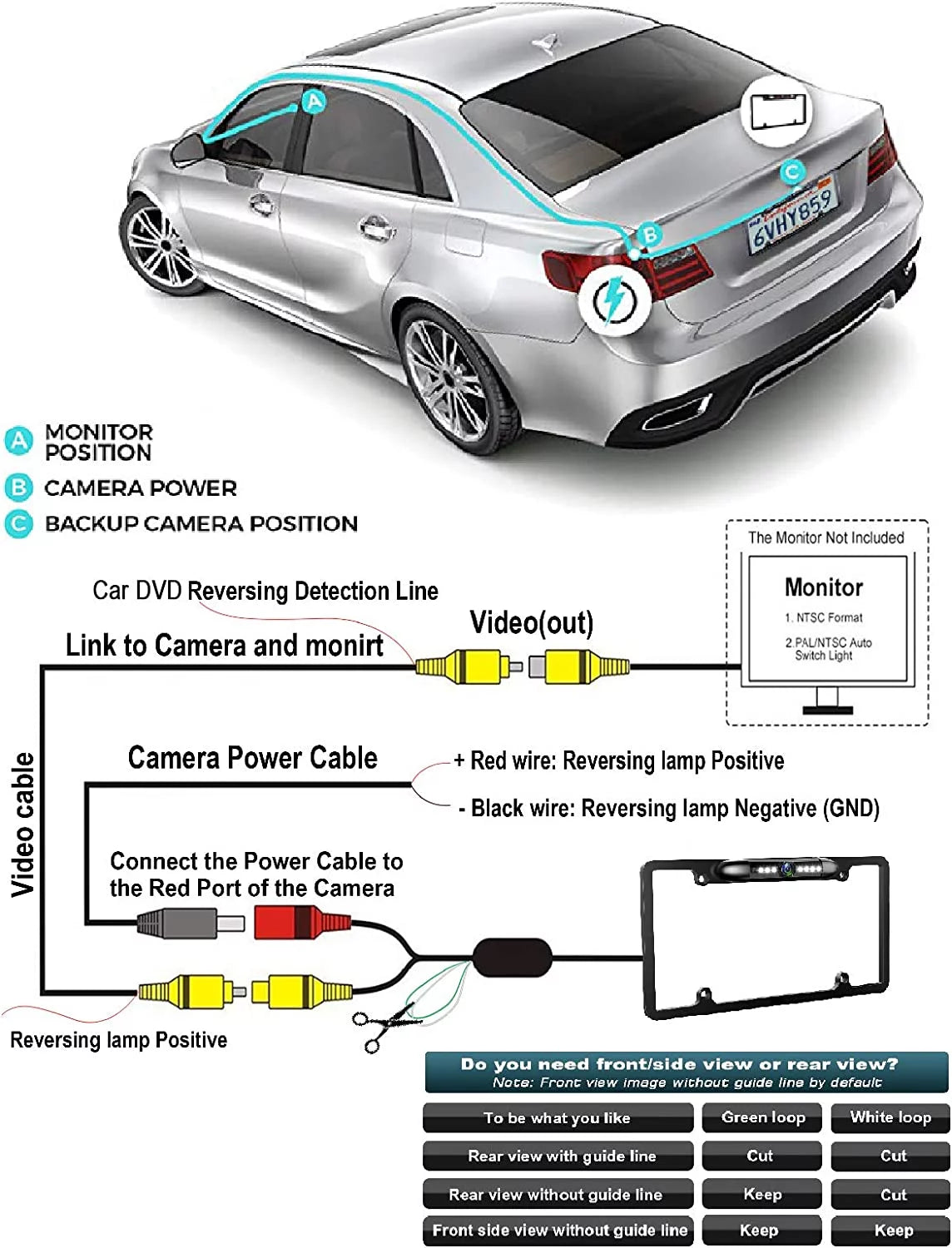 Backup Camera Rearview License Plate Frame for JVC KWV25BT KW-V25BT Black