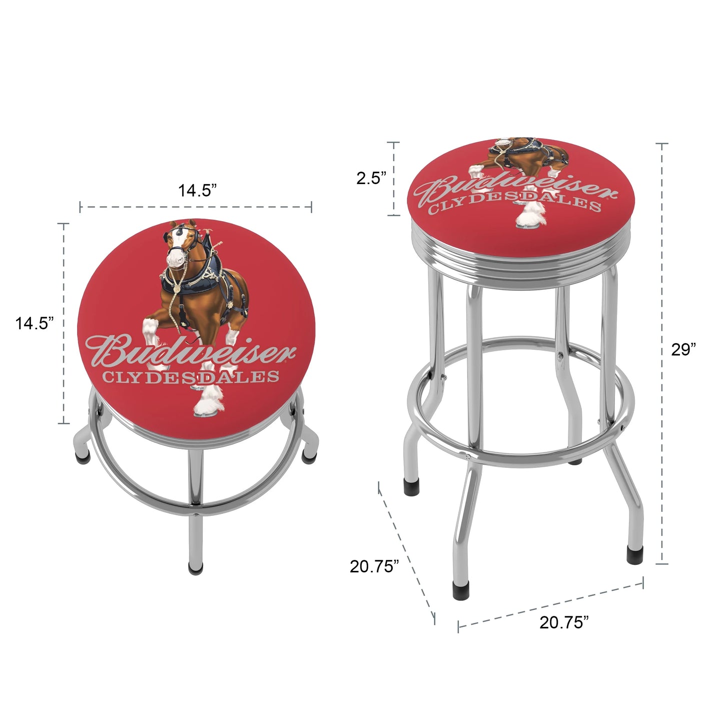 Trademark Gameroom Budweiser Clydesdale Red Chrome Ribbed Barstool