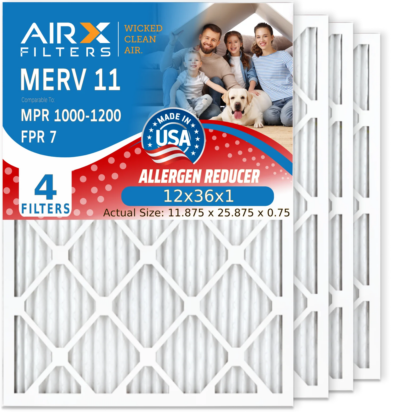 12x36x1 Air Filter MERV 11 Comparable to MPR 1000, MPR 1200 & FPR 7 Electrostatic Pleated Air Conditioner Filter 4 Pack HVAC Premium USizeA Made 12x36x1 Furnace Filters by AIRX FILTERSize WICKED CLEAN AIR.