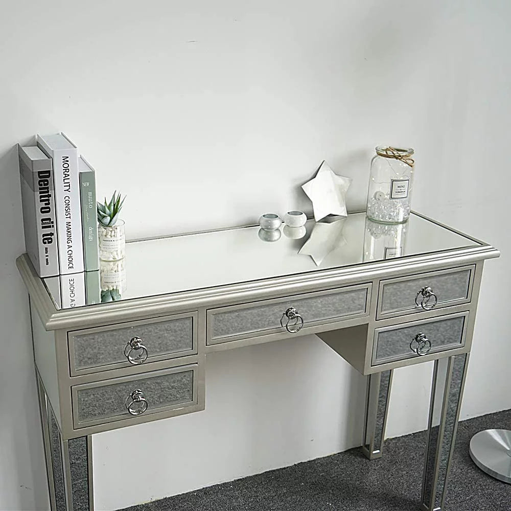 TJUNBOLIFE Mirrored Console Table 5-Drawer Console Sizeofa Entry Table with Two Drawers Antique Sizeilver/Mirror