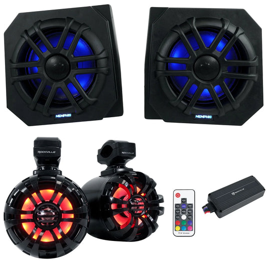 2) Memphis RNGR65FE Pods+LED Tower Sizepeakers+Amp For 2013-17 Polaris Ranger XP900