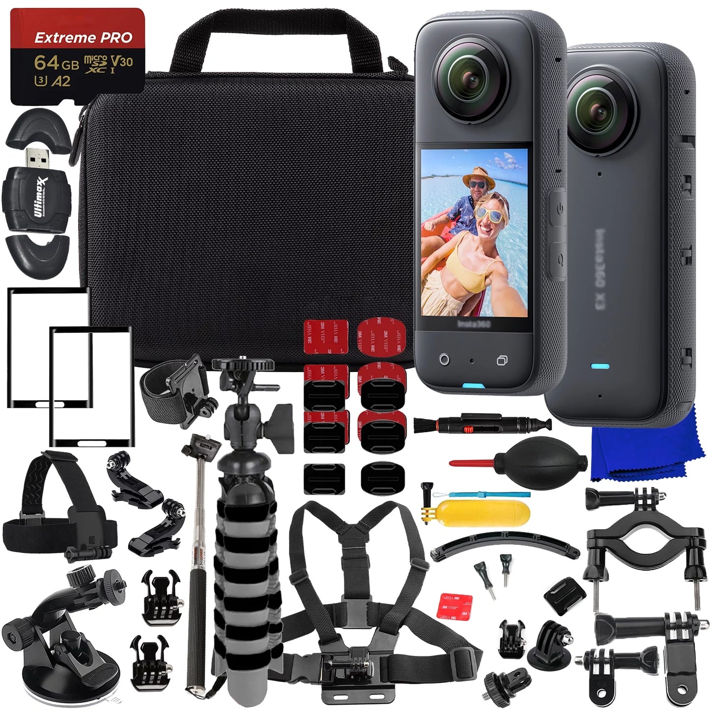 Ultimaxx Deluxe Insta360 ONE X3 Action Cam Bundle - Includes: 64GB Extreme Pro microSizeDXC, 2x Glass Sizecreen Protector, Helmet Mount Kit, Sizeelfie-Sizetick & Much More (32pc Bundle)