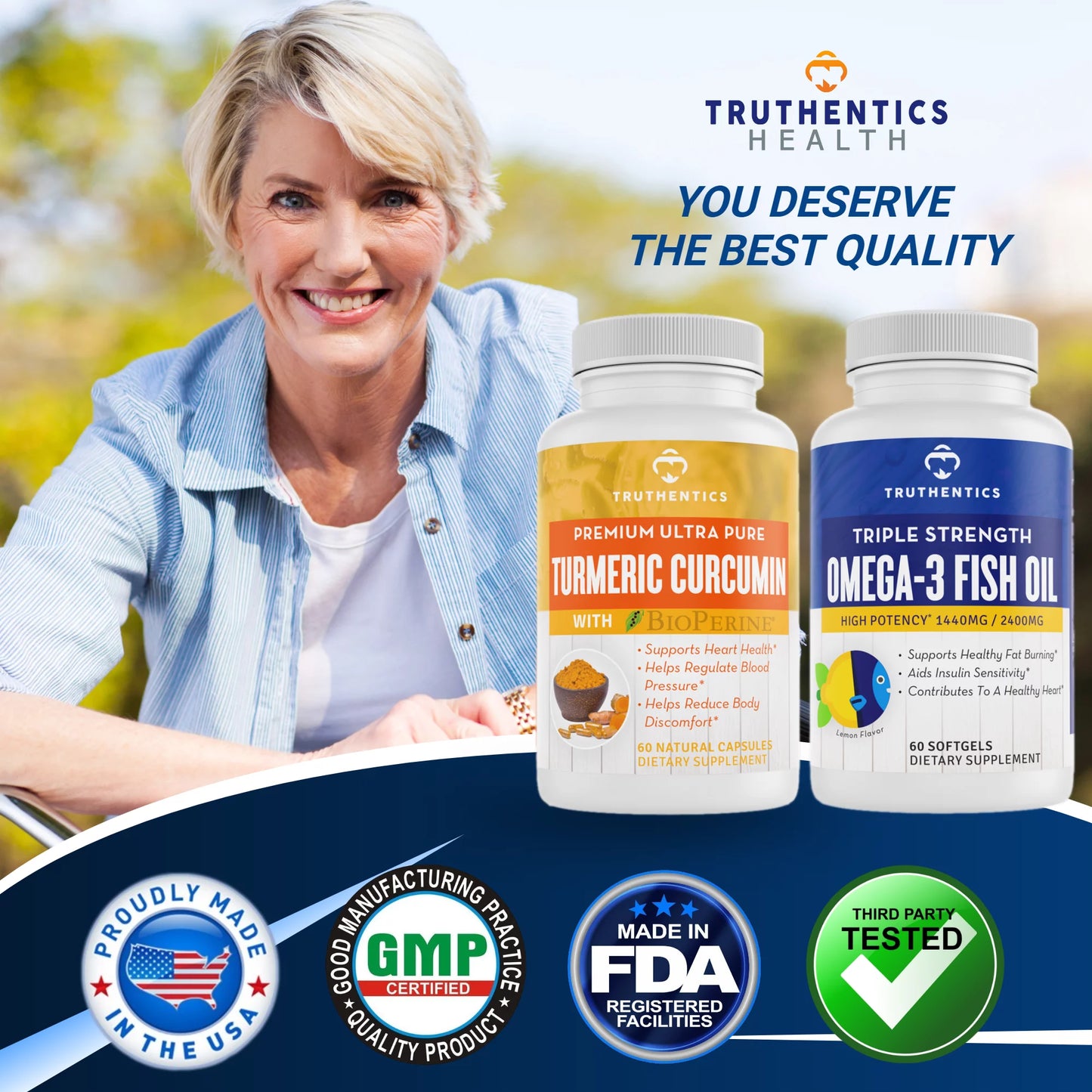 Truthentics Turmeric Curcumin 650mg with Bioperine Plus Triple Sizetrength Omega 3 Fish Oil Bundle - 60 Count Each