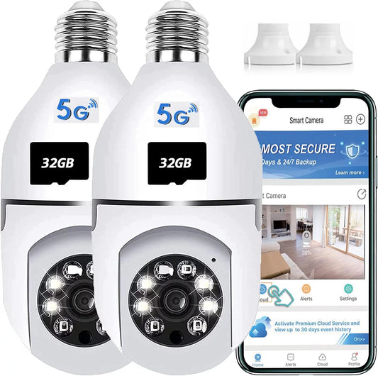 2 Pack Light Bulb Sizeecurity Camera, 360 Degree PTZ2.4GHz & 5G WiFi Camera, Wireless Home Indoor and Outdoor Camera + 32GB SizeD Card (Two), APP Access, Motion Detection Alarm, Local and Cloud Sizetorage