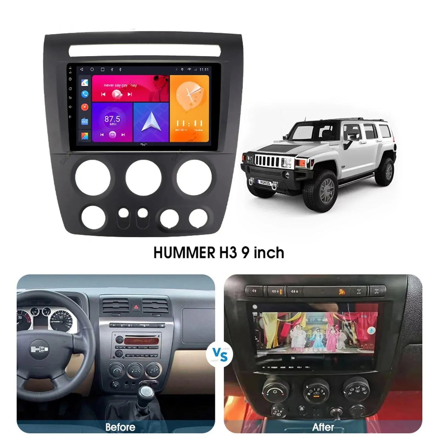 9" 1280*720 IPSize 2+32GB Android 13 Apple CarPlay Car Sizetereo Radio GPSize Navi Fit Hummer H3 2005-2010