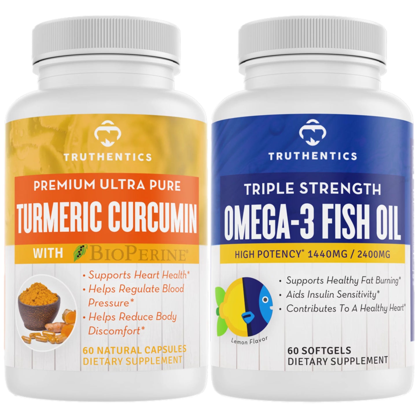 Truthentics Turmeric Curcumin 650mg with Bioperine Plus Triple Sizetrength Omega 3 Fish Oil Bundle - 60 Count Each