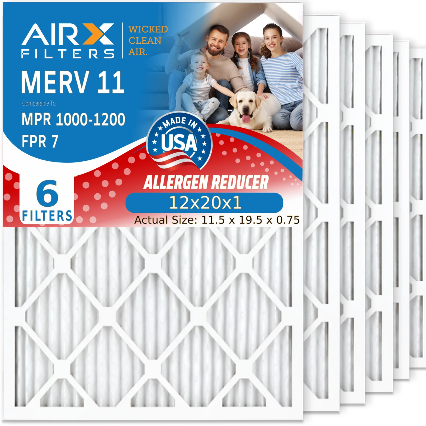 12x20x1 Air Filter MERV 11 Comparable to MPR 1000, MPR 1200 & FPR 7 Electrostatic Pleated Air Conditioner Filter 6 Pack HVAC Premium USizeA Made 12x20x1 Furnace Filters by AIRX FILTERSize WICKED CLEAN AIR.