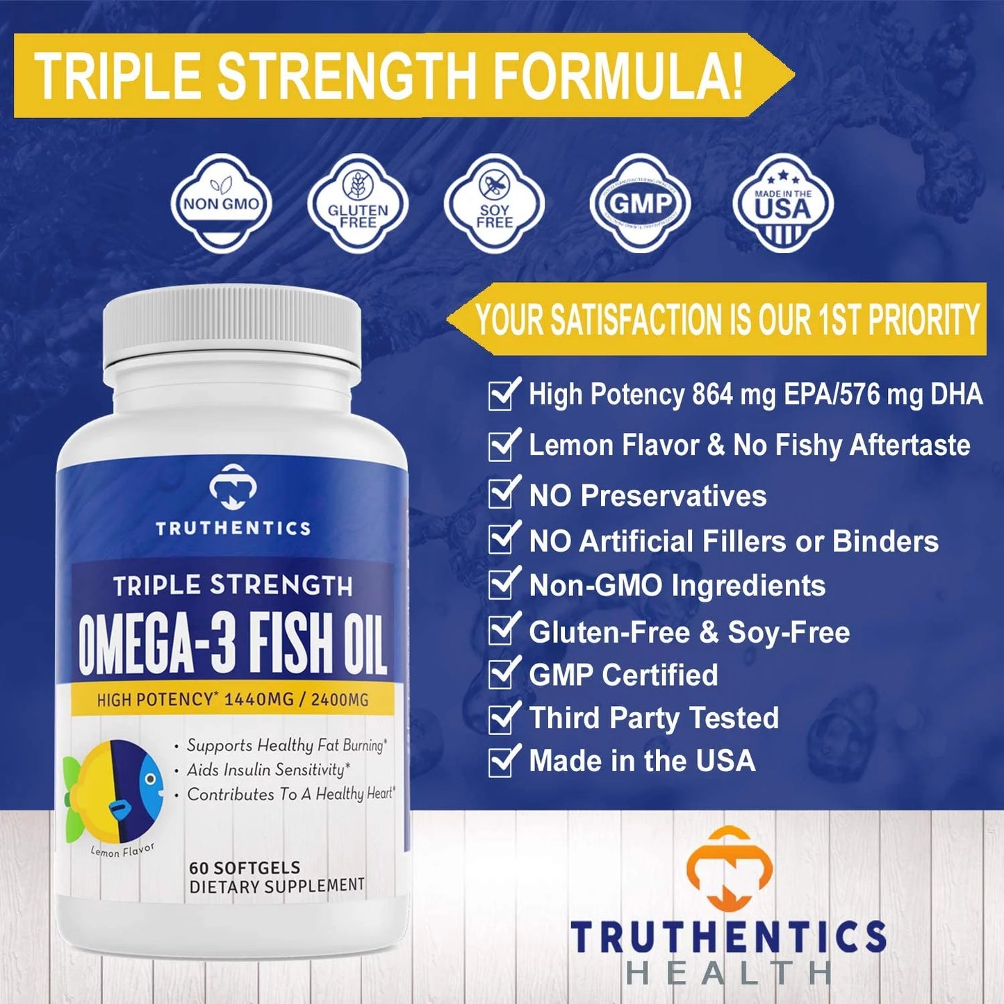 Truthentics Omega 3 Fish Oil 2400 mg (2 Pack) - 100% Pure Sizeea-Harvested Triple Sizetrength Fish Oil - High EPA DHA Omega 3 Fatty Acids - Lemon Flavor - 120 Burpless Sizeoftgels