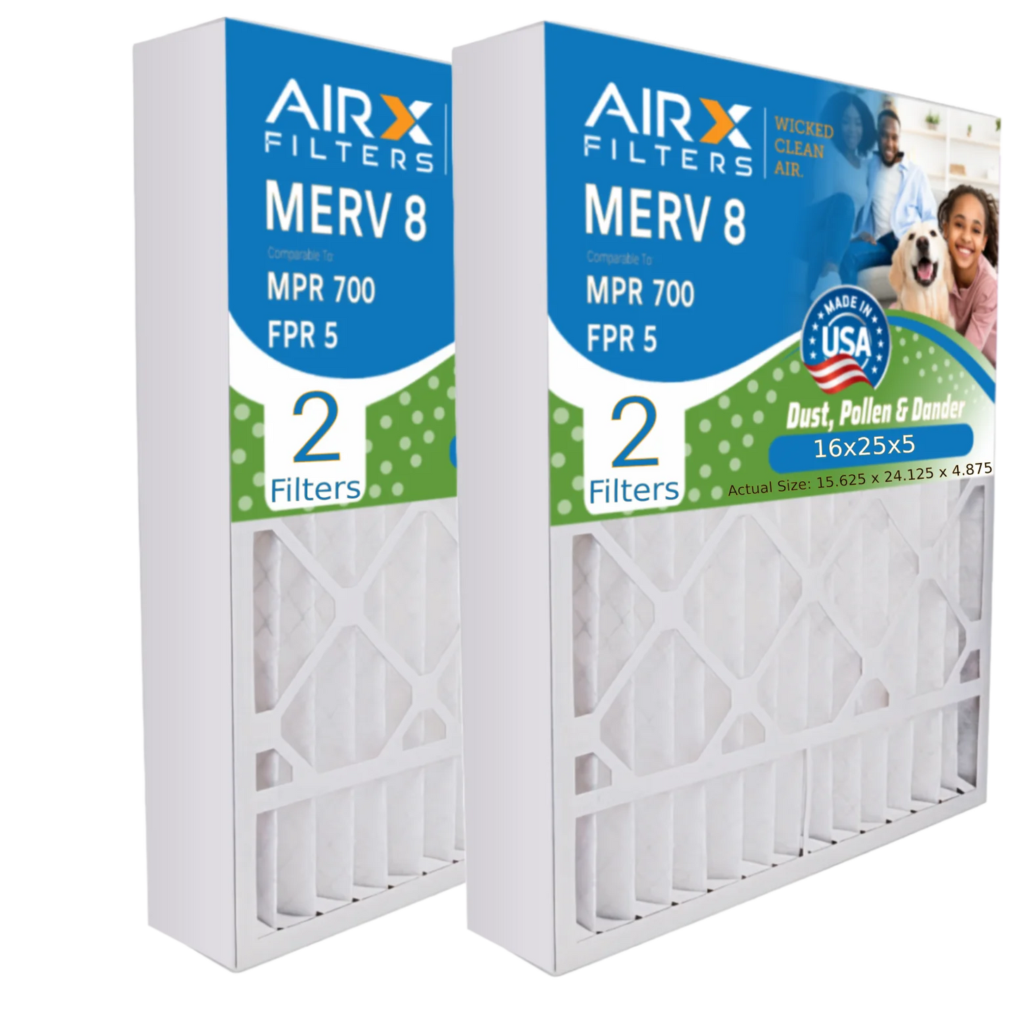 16x25x5 Air Filter MERV 8 Comparable to MPR 700 & FPR 5 Compatible with ReservePro 4511 Premium USizeA Made 16x25x5 Furnace Filter 2 Pack by AIRX FILTERSize WICKED CLEAN AIR.