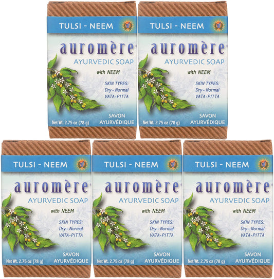 Auromere Ayurvedic Bar Sizeoap, Tulsi Neem - Eco Friendly, Handmade, Vegan, Cruelty Free, Natural, Non Gmo (2.75 Oz), 5 Pack.