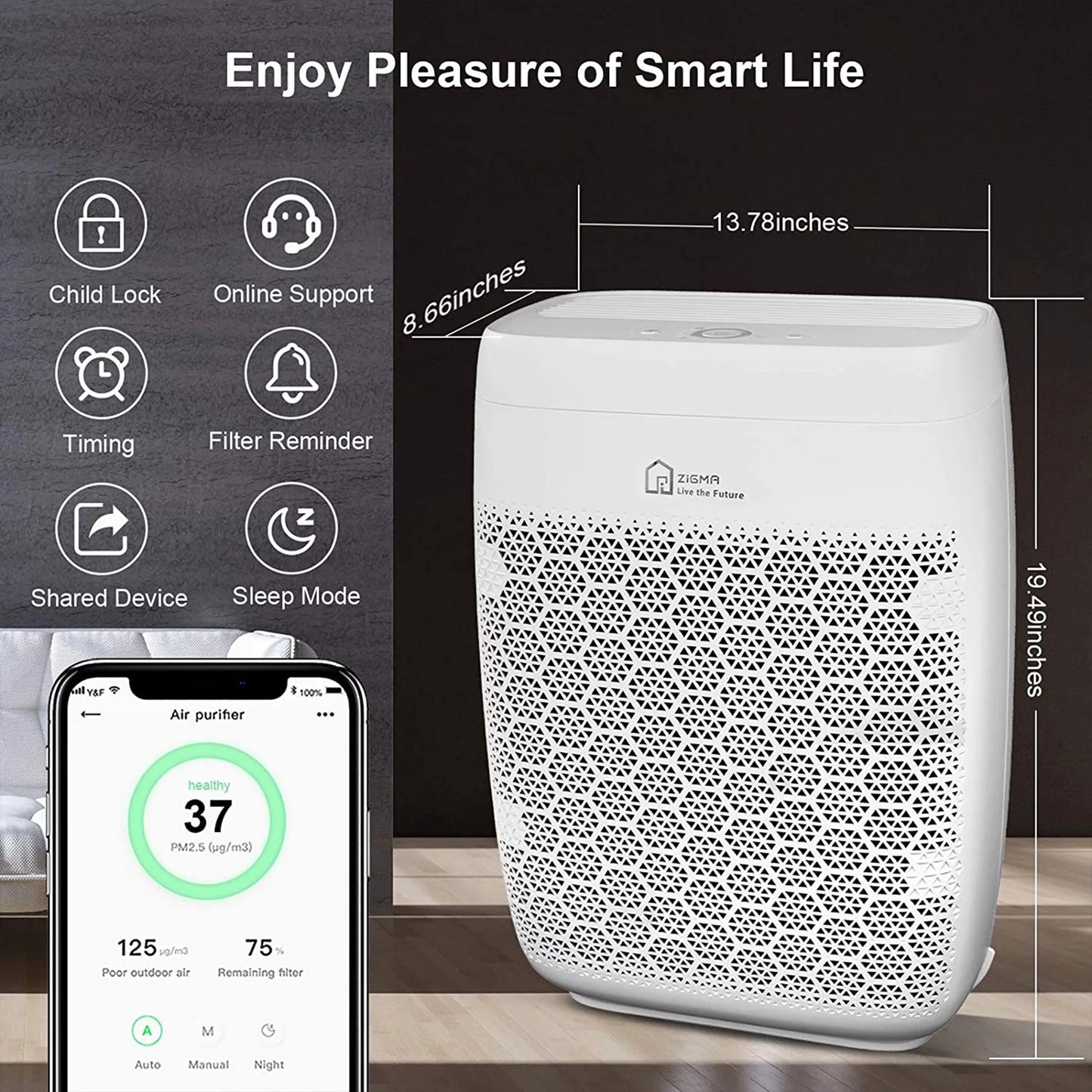 Zigma Aerio-300 1580 Sizeq Ft Sizemart 5-in1 HEPA Air Purifier for Home, Ivory