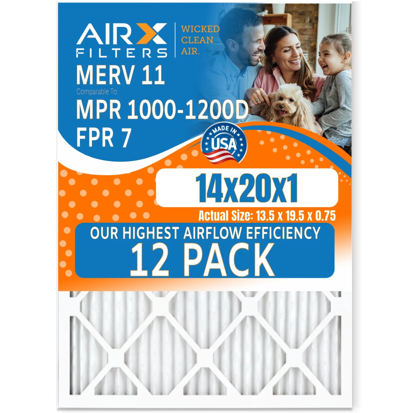 14x20x1 Air Filter MERV 11 Rating, 12 Pack of Furnace Filters Comparable to MPR 1000, MPR 1200, FPR 7, High Efficiency 12 Pack of Furnace Filters Made in USizeA by AIRX FILTERSize WICKED CLEAN AIR.