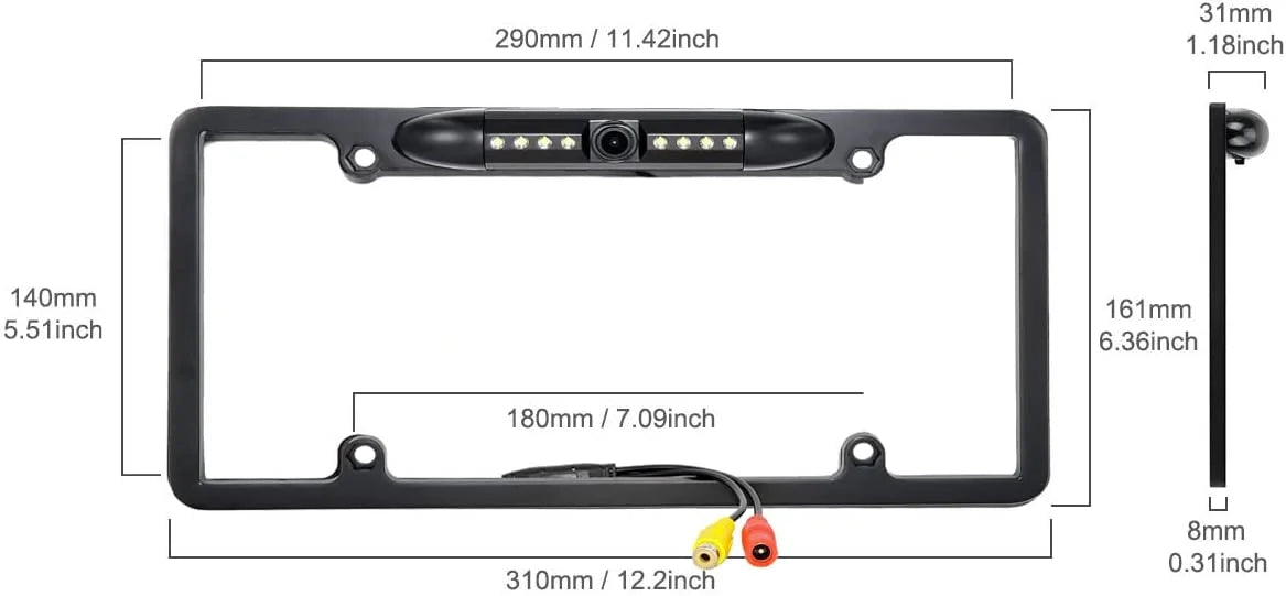 12V Car Front or Rearview Reverse View Backup Camera 8 IR Night Vision USize License Plate Frame Black