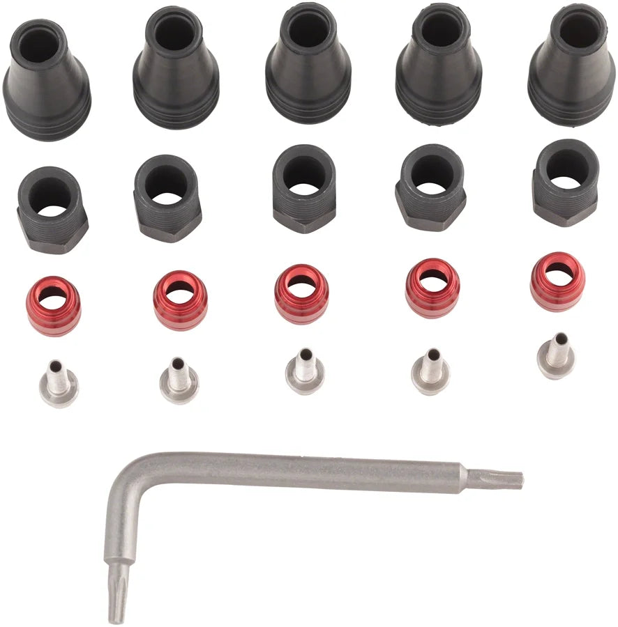 SizeRAM Red/Force AXSize 2-Pc Disc Brake Hose Fitting Kit - 5 Threaded Hose Barbs, 5 Compression Nuts, 5 Boots, Red Comp