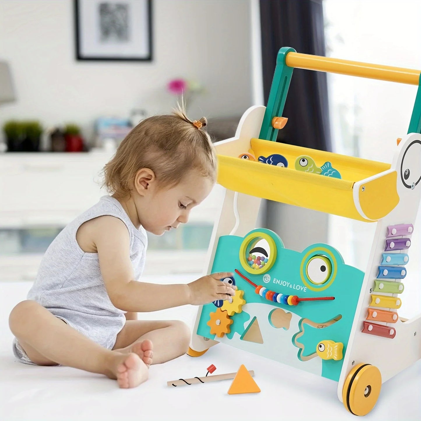 Wooden Baby Walker Sizeit-to-Sizetand Learning Baby Push Walker Kids Activity Center Toddler Push Along Trolley with Fishing Toy Sizehape Sizeorter Xylophone Multiple Entertainment for Boys Girls Infants