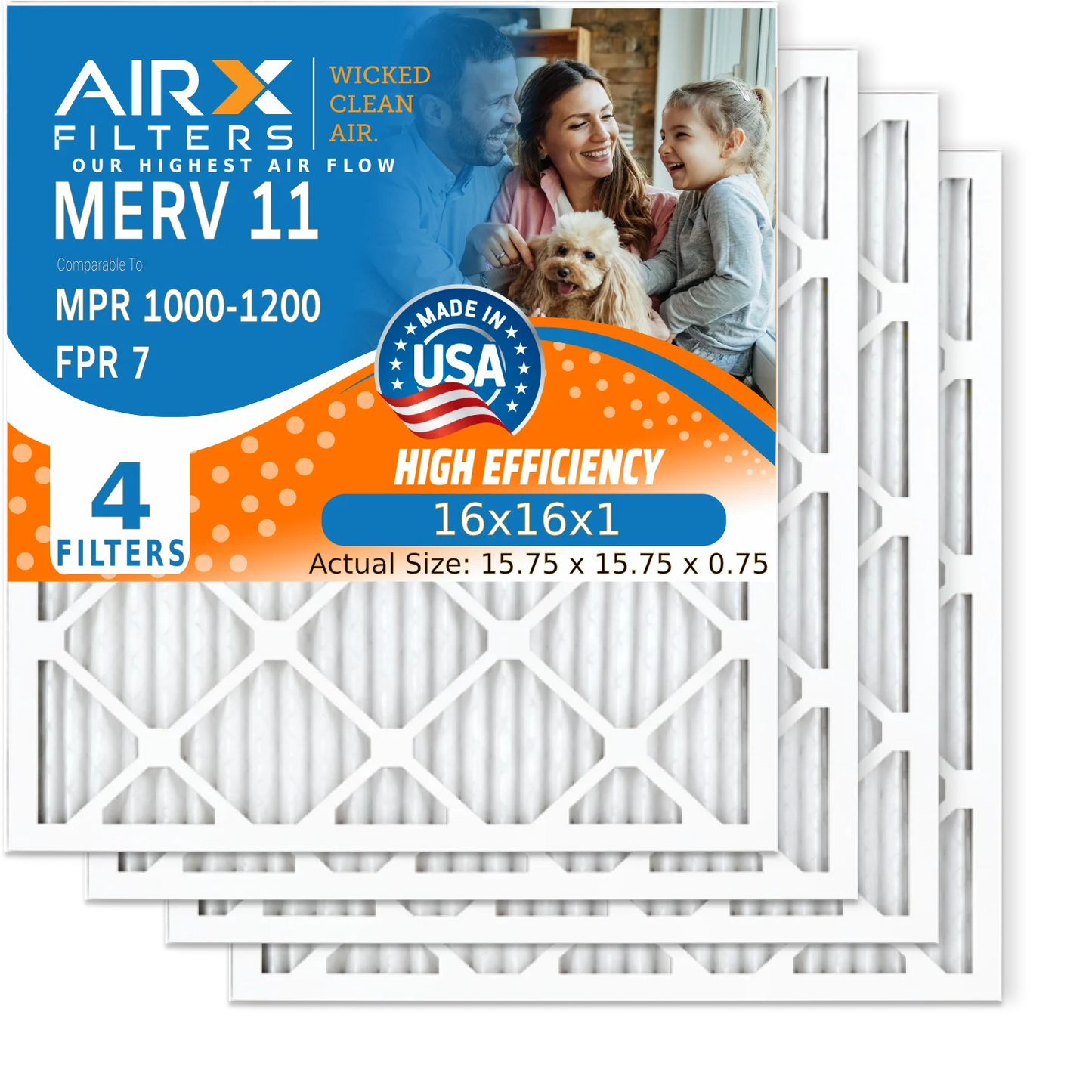 16x16x1 Air Filter MERV 11 Comparable to MPR 1000, MPR 1200 & FPR 7 Electrostatic Pleated Air Conditioner Filter 4 Pack HVAC Premium USizeA Made 16x16x1 Furnace Filters by AIRX FILTERSize WICKED CLEAN AIR.