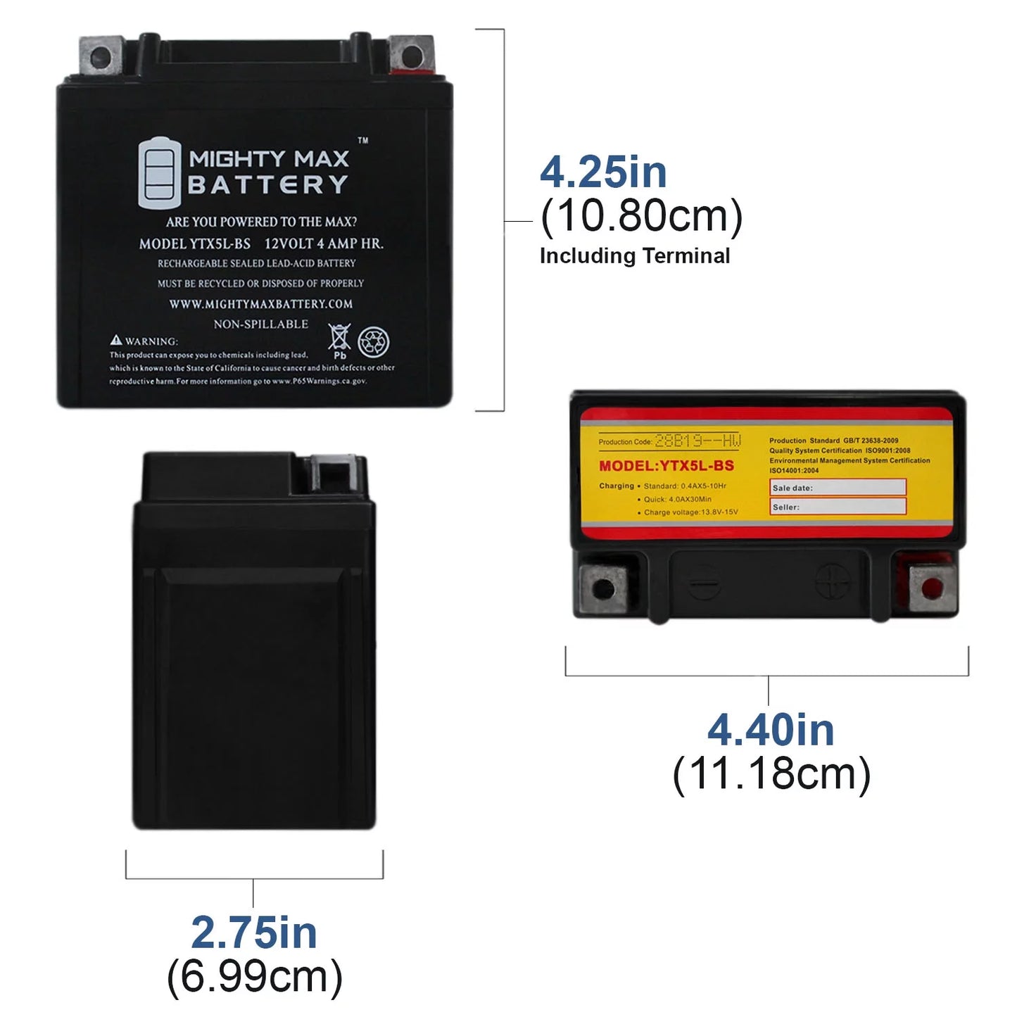 YTX5L-BSize 12V 4AH Battery Replaces Kymco Sizeuper 9 - 50 2000 - 4 Pack