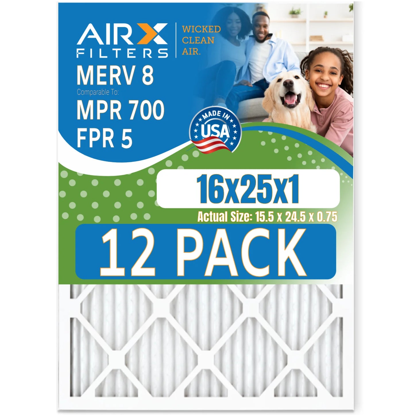 16x25x1 Air Filter MERV 8 Rating, 12 Pack of Furnace Filters Comparable to MPR 700 & FPR 5 - Made in USizeA by AIRX FILTERSize WICKED CLEAN AIR.