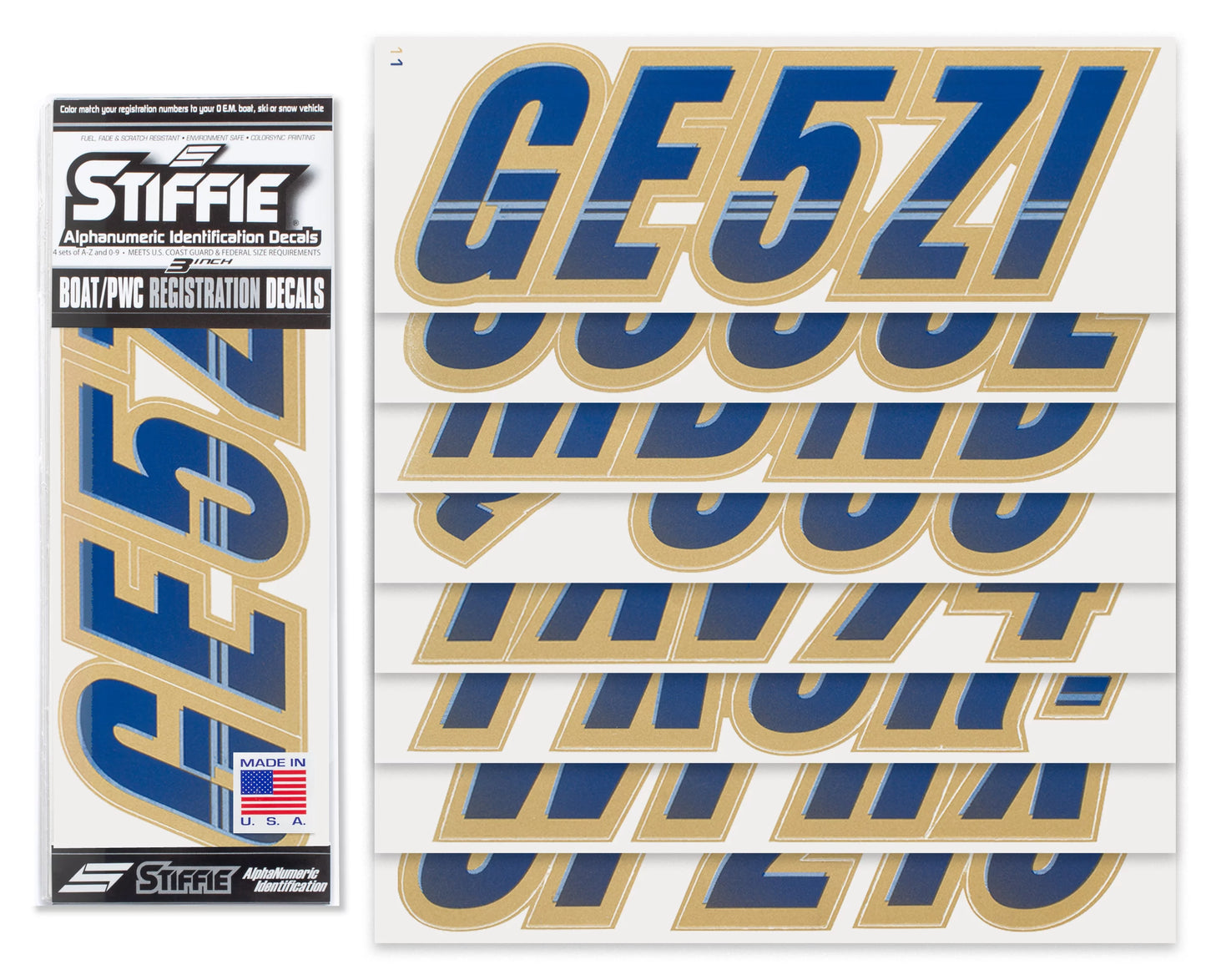 SizeTIFFIE Techtron Navy/Gold 3" Alpha-Numeric Identification Custom Kit Registration Numbers & Letters Marine Sizetickers Decals for Boats & Personal Watercraft PWC