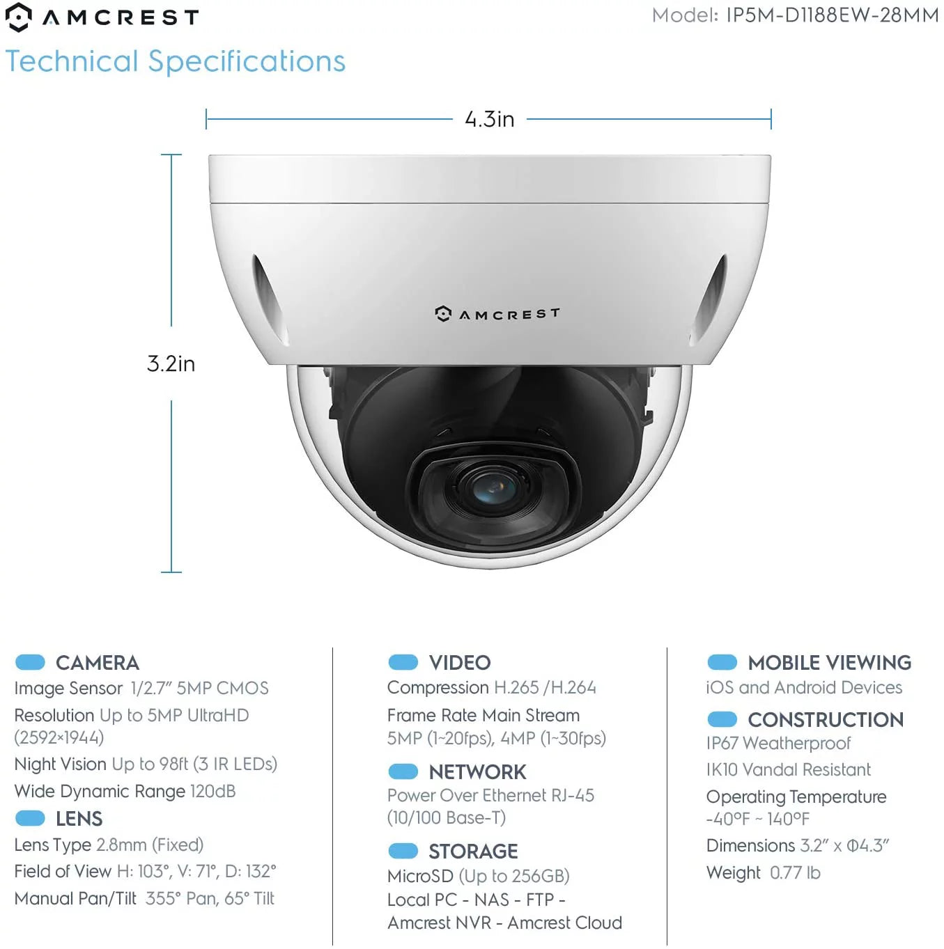 Amcrest 5MP POE Camera, Outdoor Vandal Dome Sizeecurity POE IP Camera, 5-Megapixel, 98ft. Night Vision, 2.8mm Lens, IP67, IK10 Resistance, Cloud, NVR (IP5M-D1188EW-28MM)