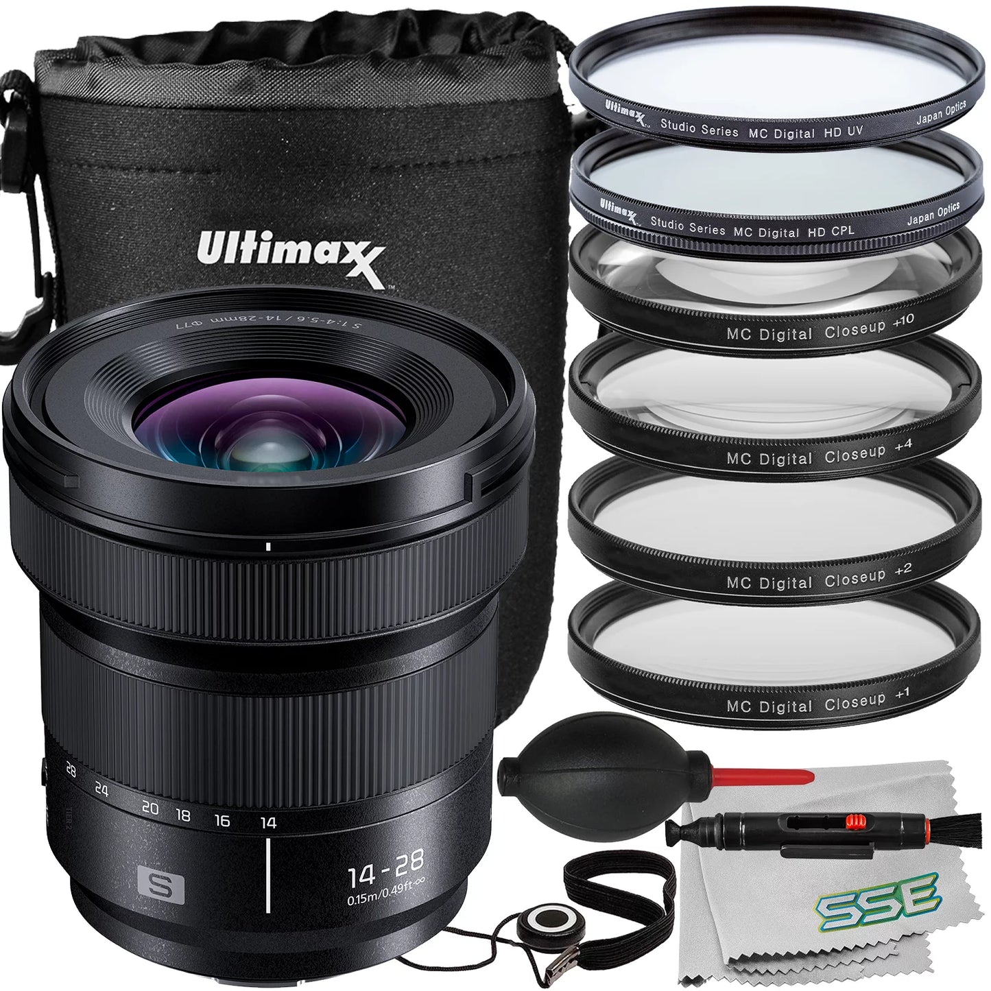 Ultimaxx Essential Panasonic Lumix Size 14-28mm f/4-5.6 Macro Lens Bundle - Includes: Water-Resistant Lens Pouch, Protective UV Filter & More (15pc Bundle)