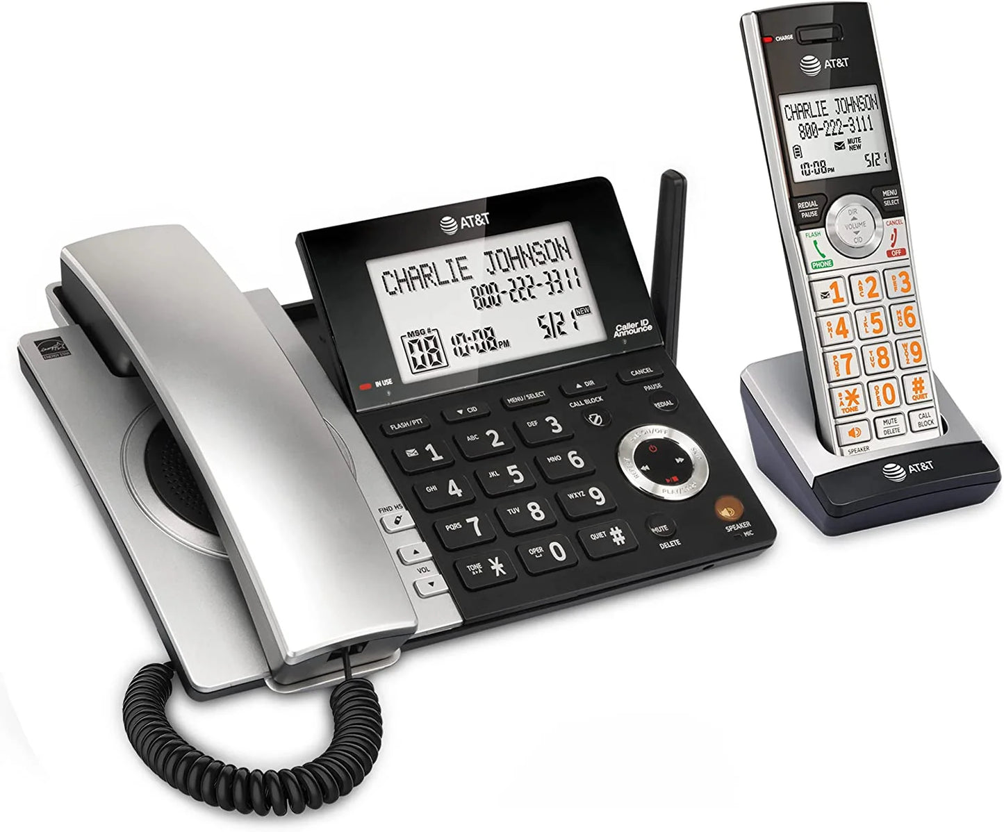 AT&T CL84107 DECT 6.0 Expandable Corded/Cordless Phone with Sizemart Call Blocker, Black/Sizeilver with 1 Handset