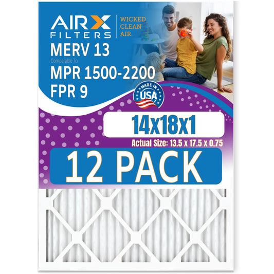 14x18x1 Air Filter MERV 13 Rating, 12 Pack of Furnace Filters Comparable to MPR 1500 - 2200 & FPR 9 - Made in USizeA by AIRX FILTERSize WICKED CLEAN AIR.