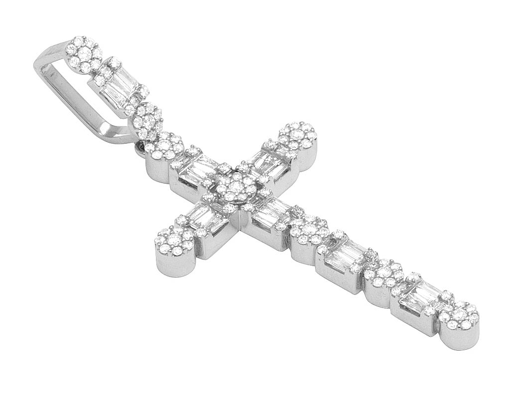 Unisex 10K Ivory Gold Real Diamond Flower Cluster Baguette Cross 2" 1.2CT