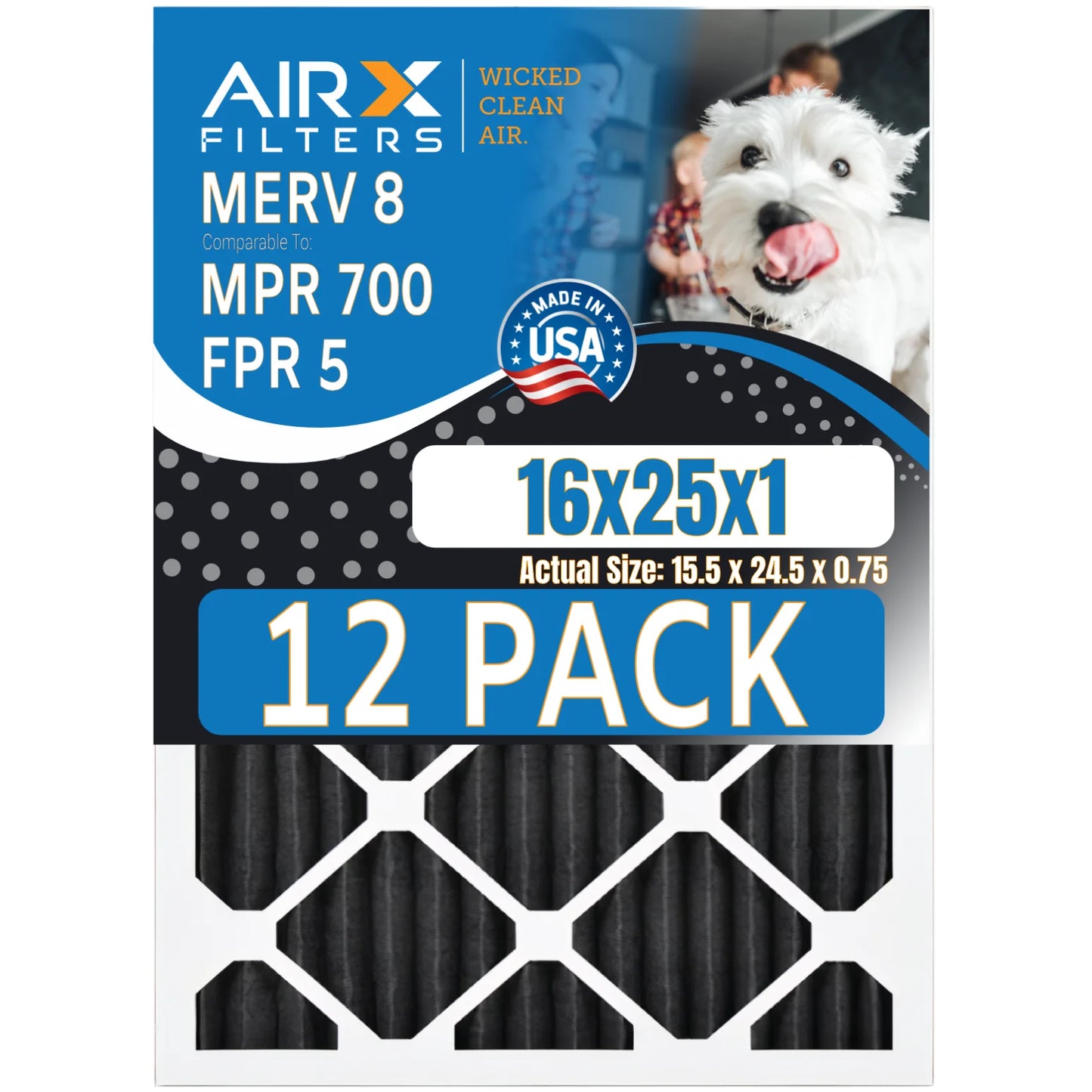 16x25x1 Air Filter MERV 8 Rating, 12 Pack of Furnace Filters Comparable to MPR 700, FPR 5, Pet Odor Retention Filters - Made in USizeA by AIRX FILTERSize WICKED CLEAN AIR.