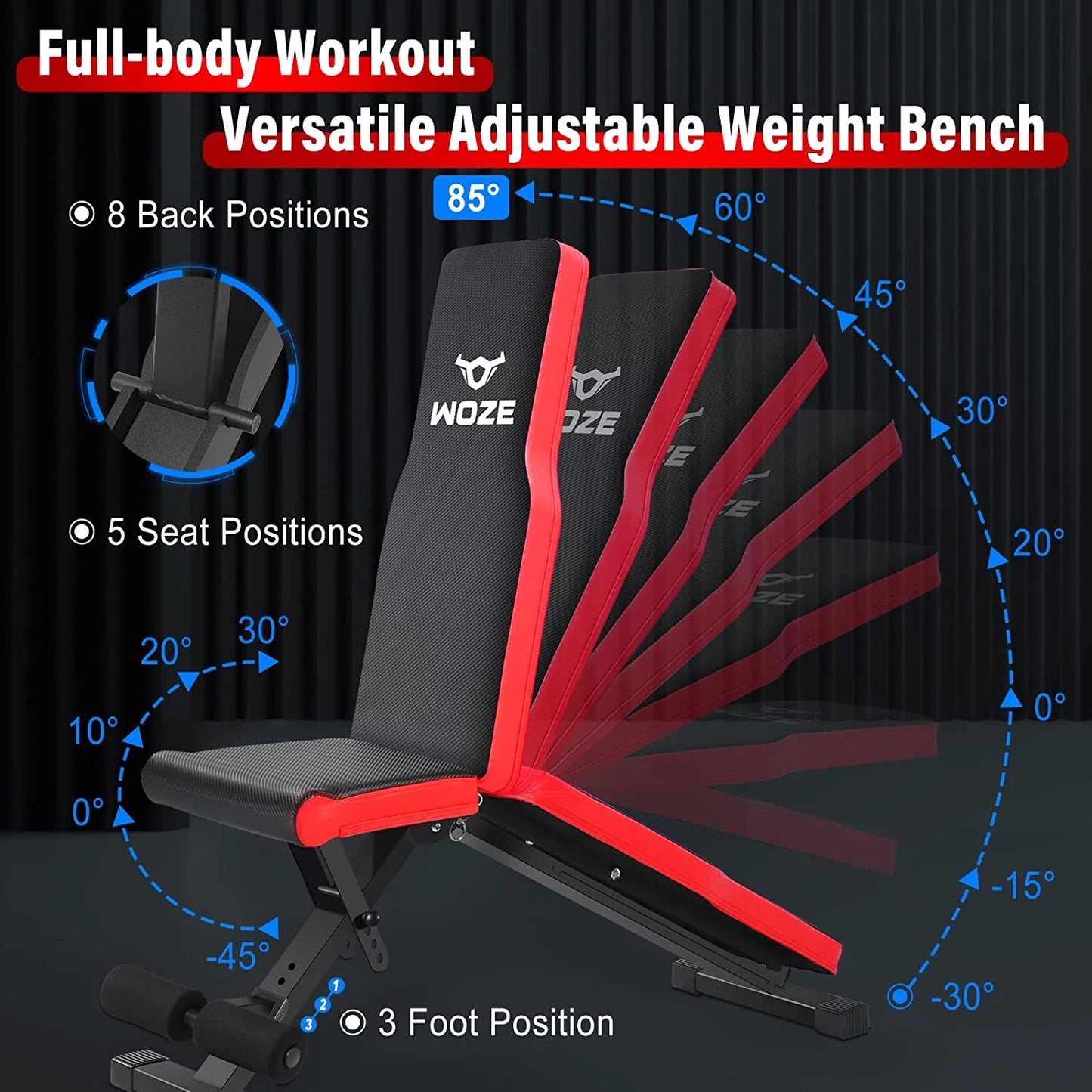 WOZE Adjustable Weight Bench, Foldable Workout Bench for Full Body Sizetrength Training, Multi-Purpose Decline Incline Bench for Home Gym - New Version