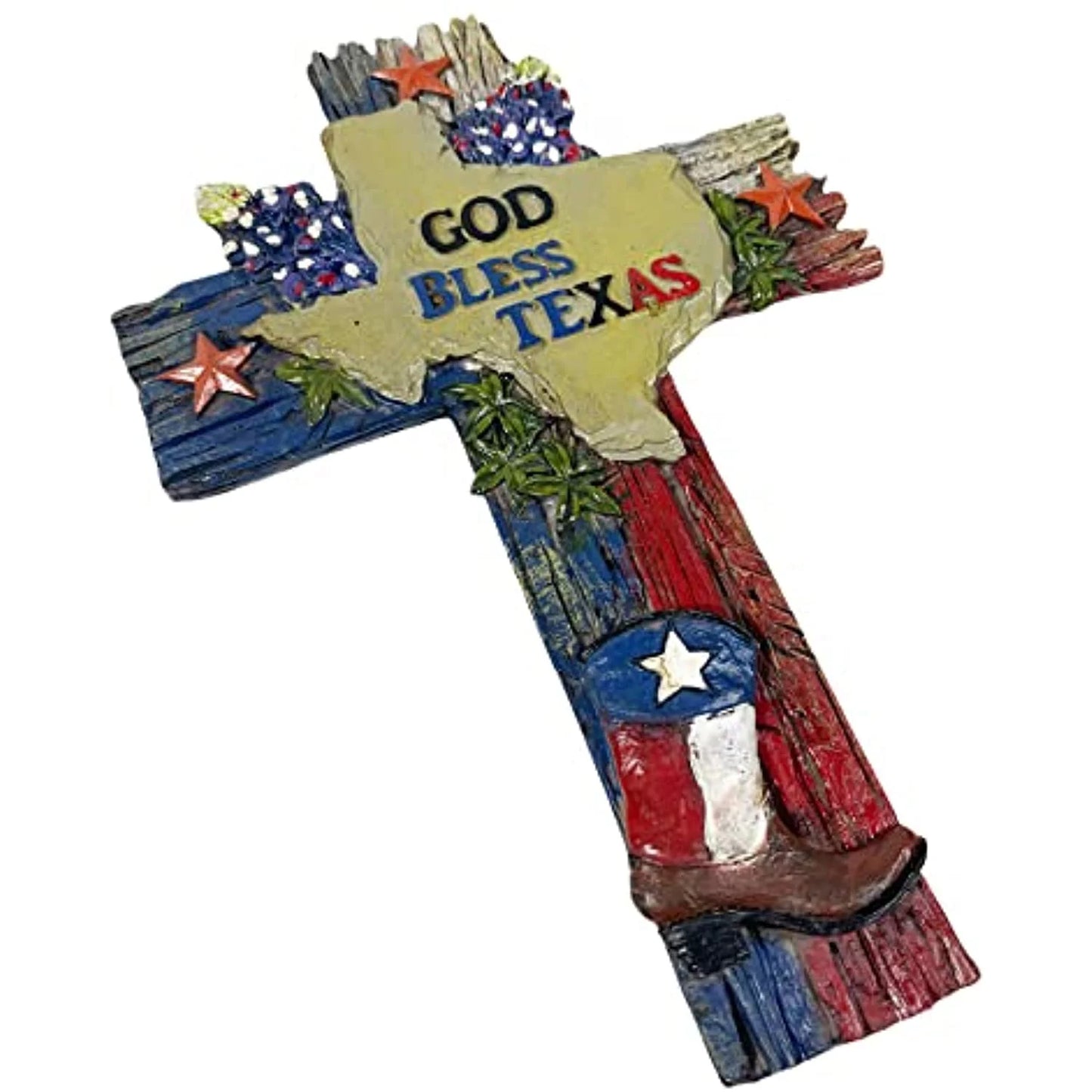 Urbalabs Western 11.5 Inch Wall Cross God Bless Texas Boot Flag and Bluebonnets Distressed Rustic Cowboy Wall Hanging Cross Country Wall Decor Room Decoration Office Church Home