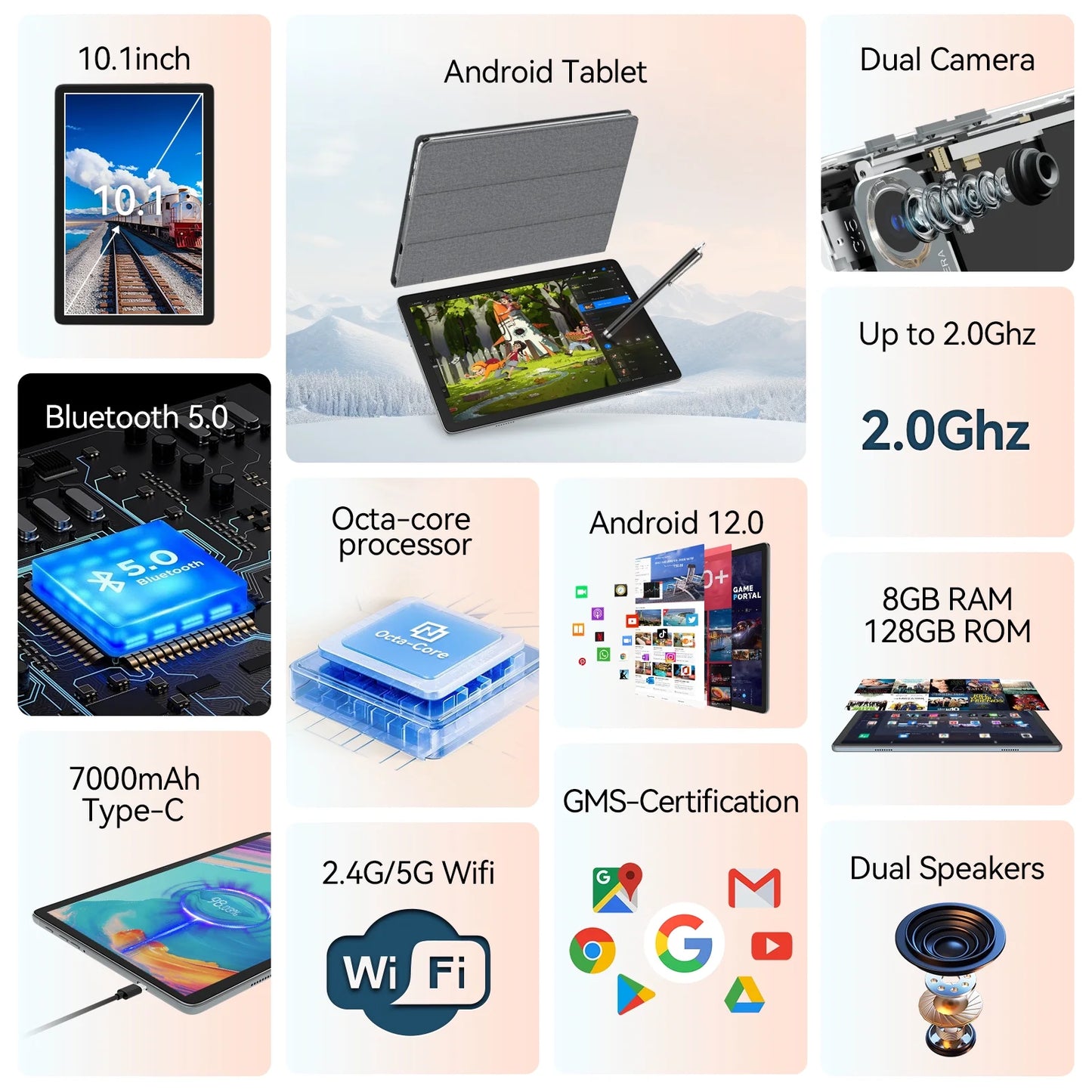 Tablet 10.1 inch Android Tablet,8GB RAM 128GB ROM Sizetorage,Android 12.0 Tablet with Keyboard Wireless Mouse Case Sizetylus,5G WiFi Tablet,1TB Expandable,Octa-Core Processor,2024 Newest Tablet