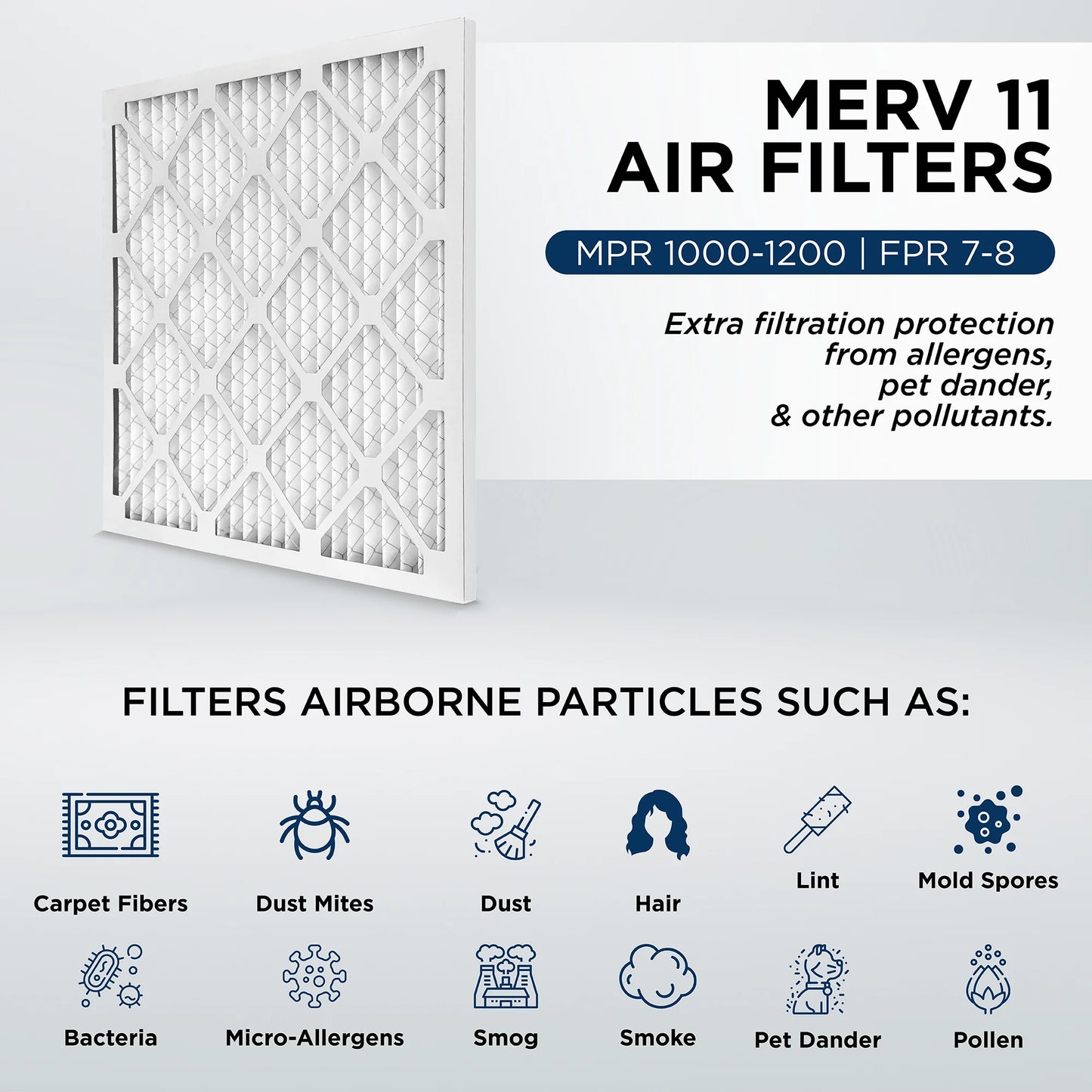 12x12x1 MERV 11, MPR 1000 Pleated AC Furnace 1" Air Filters by Pamlico. Quantity 6. Actual Sizeize: 11-1/2 x 11-1/2 x 3/4