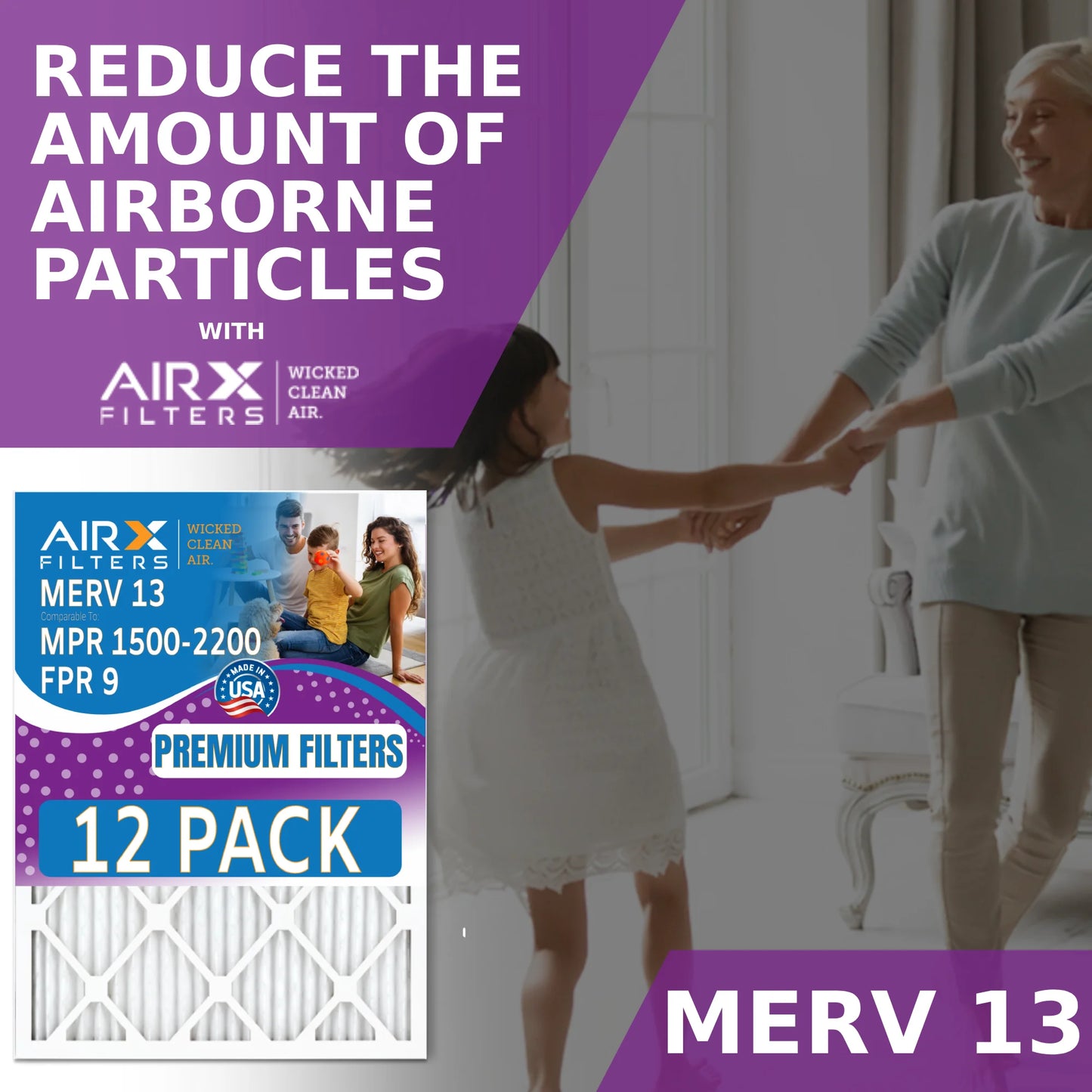 16x24x1 Air Filter MERV 13 Rating, 12 Pack of Furnace Filters Comparable to MPR 1500 - 2200 & FPR 9 - Made in USizeA by AIRX FILTERSize WICKED CLEAN AIR.