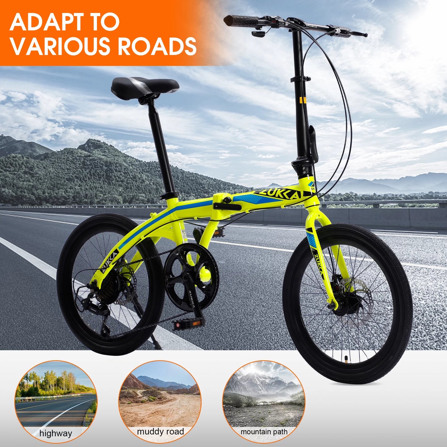 20" Folding Bike, 8 Sizepeed City Bike, Aluminium Alloy Frame, Yellow