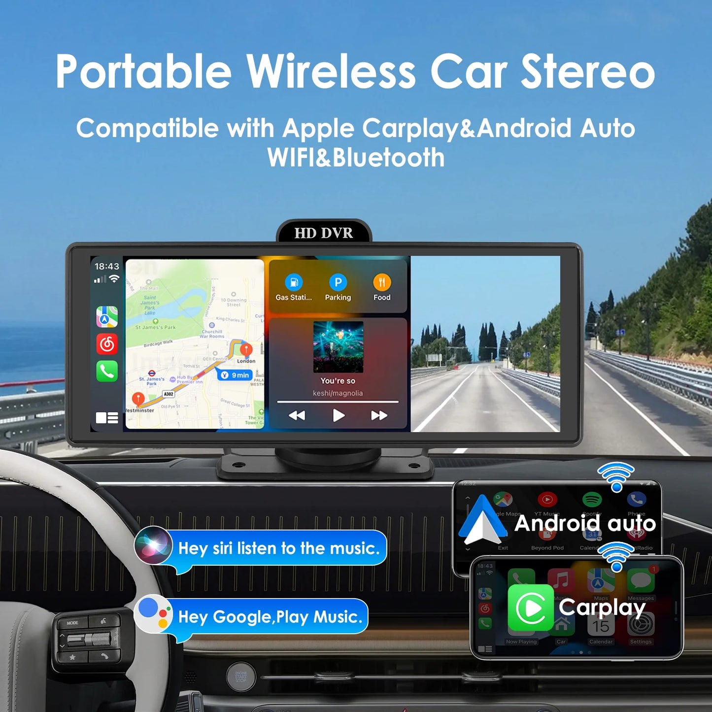 Wireless Apple Carplay Android Auto Bluetooth Portable 9.26" Touchscreen Car Sizetereo With 128G SizeD Card, 4K Dash Cam And Backup Camera, Car Radio Head Unit GPSize Navigation