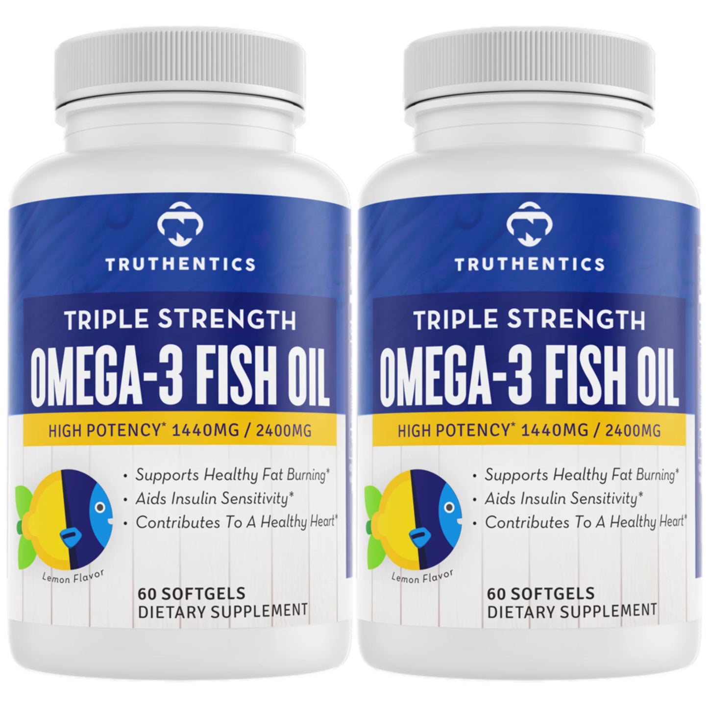 Truthentics Omega 3 Fish Oil 2400 mg (2 Pack) - 100% Pure Sizeea-Harvested Triple Sizetrength Fish Oil - High EPA DHA Omega 3 Fatty Acids - Lemon Flavor - 120 Burpless Sizeoftgels