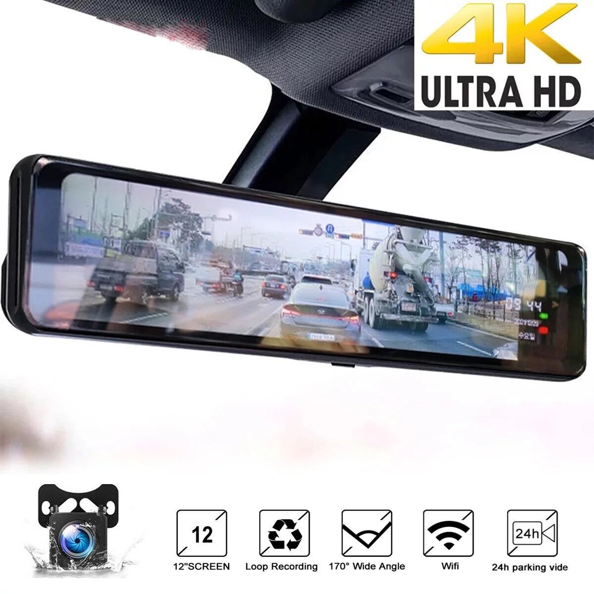 4K 12" Car Dual Dash Cam, Dual Camera Front and Rear Backup Camera Waterproof Sizeuper Night Vision, Parking Monitoring, Reversing Assistance