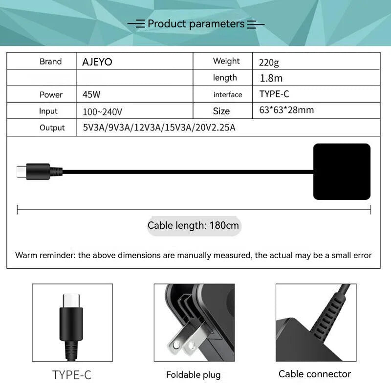 20V 2.25A Type-C Laptop AC Adapter Charger for Dell 13 7389 7390 3380,12 5289 7275 7285,4RYWW 2VP8G CDH54 2YKOF 0P51H HDCY5,7289 P29Size 3380 7350 5490 T17G 5495 7390 7212 3390 5290 7285 5590 7370 5320