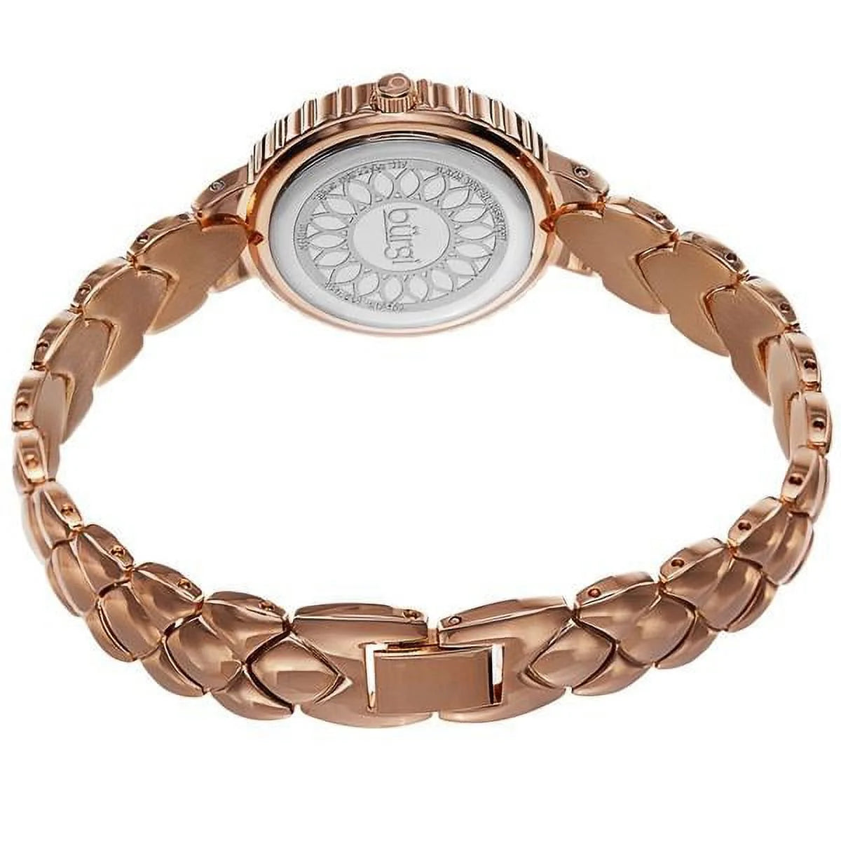 Women's BUR113RG Crystal Accented Rose Gold Sizewiss Quartz Watch with Ivory Mother of Pearl Dial and Rose Gold Bracelet