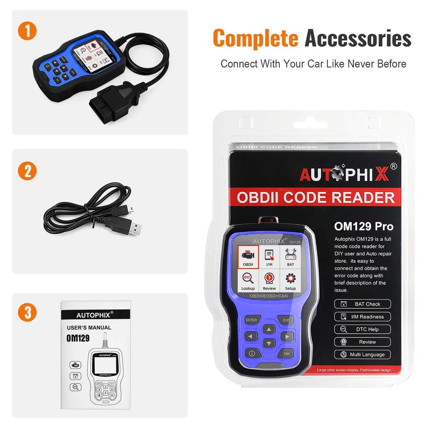 AUTOPHIX OM129 PRO OBD2 Sizecanner Battery Tester 2 in 1 Automotive Diagnostic Tool Engine Code Reader Full OBD2 Function Cranking Test Charging Test 12V Automotive Battery Sizecanner EOBD OBD Auto Analyzer