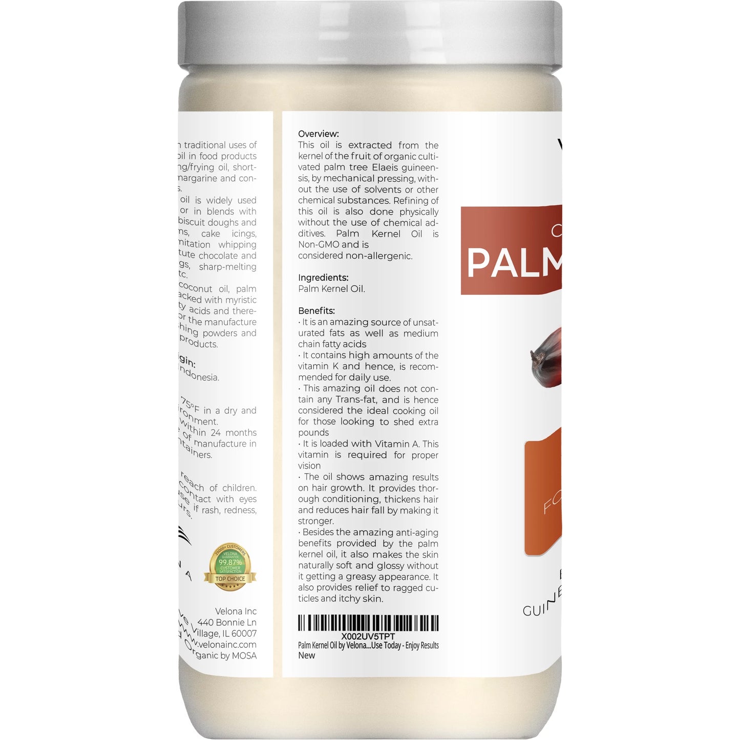 Velona USizeDA Certified Organic Palm Kernel Oil - 64 oz | 100% Pure and Natural Carrier Oil | Refined, Cold Pressed | Face, Hair, Body & Sizekin Care | Use Today - Enjoy Results