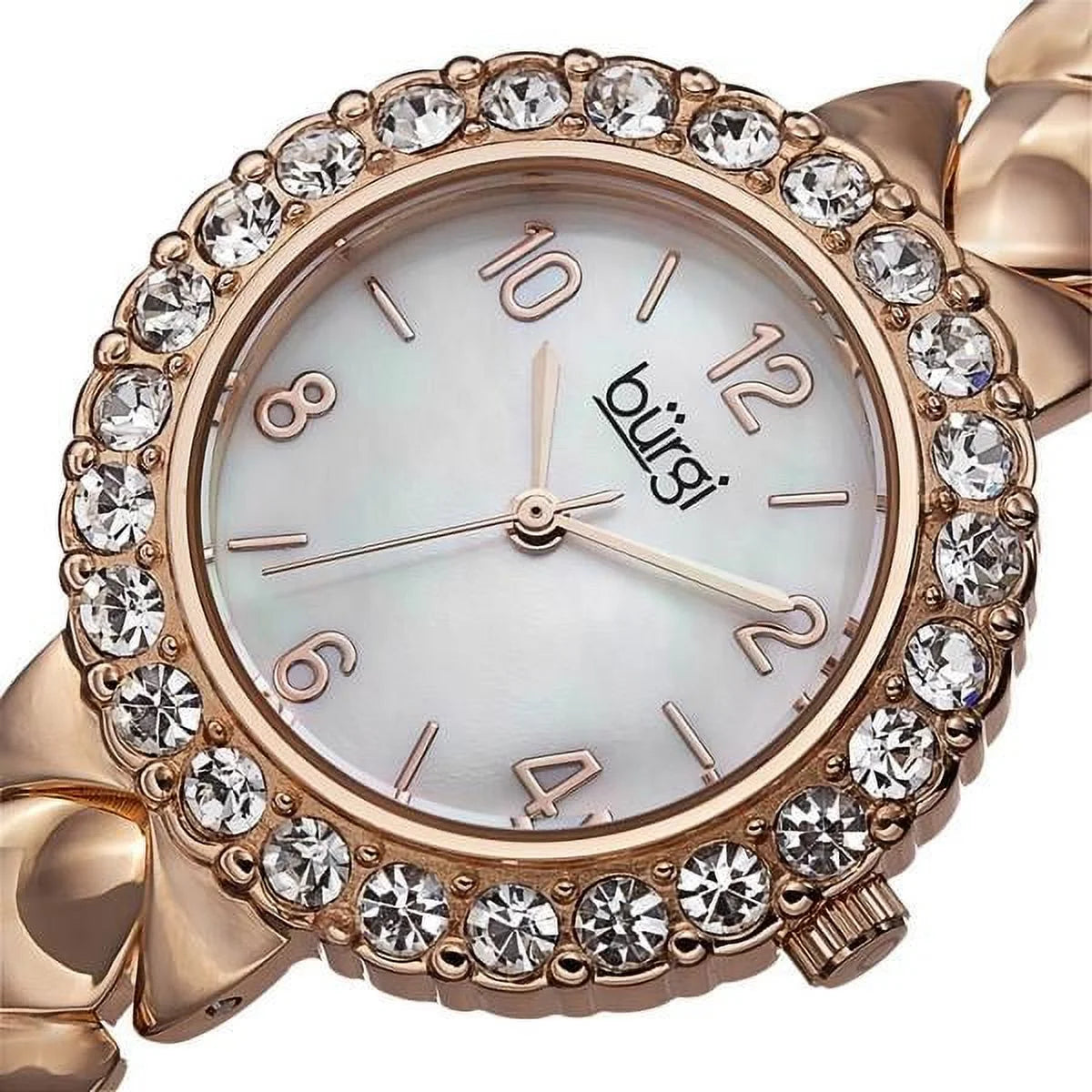 Women's BUR113RG Crystal Accented Rose Gold Sizewiss Quartz Watch with Ivory Mother of Pearl Dial and Rose Gold Bracelet