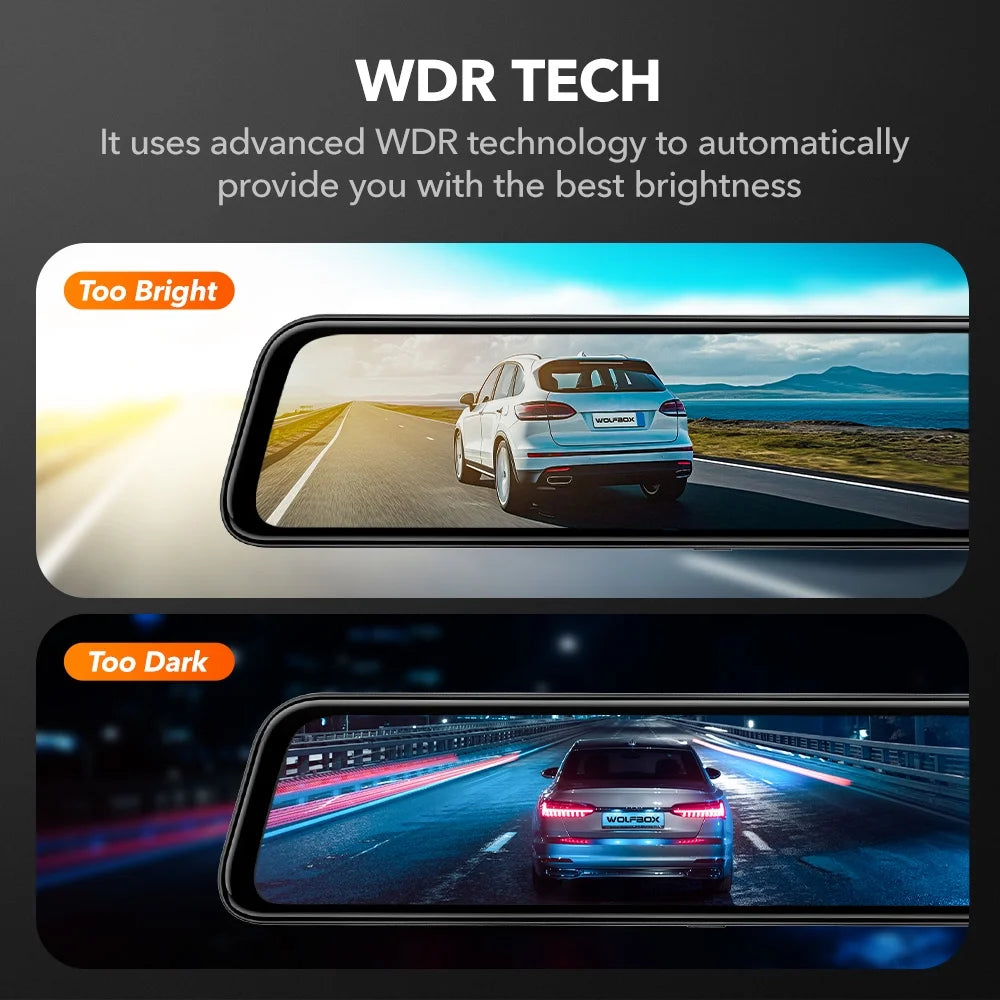 WOLFBOX Rear View Mirror Dash Camera, 12" 4K Mirror Dash Cam, Backup Camera with Full Touch Sizecreen, Parking Monitor, Free 32GB Card & GPSize