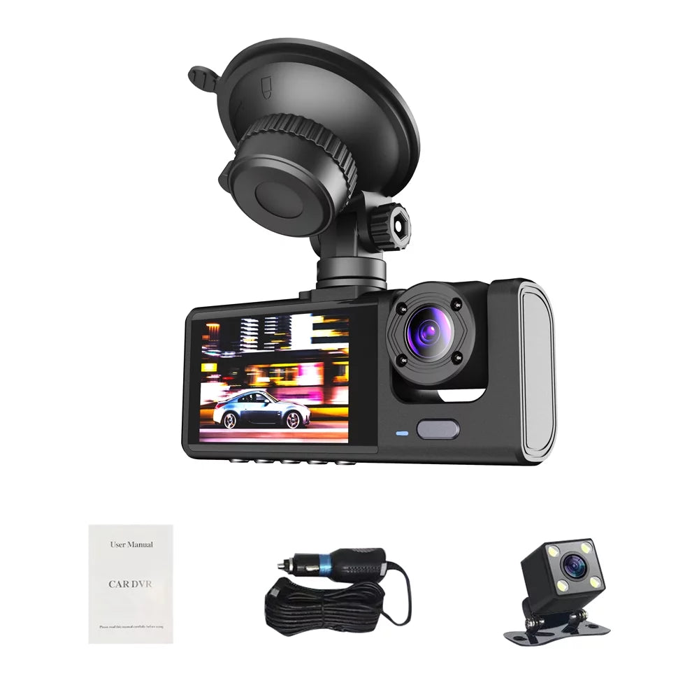 1080P DVR Dash Camera Front & Inside & Rear Camera Driving Recorder 2 Inch Sizecreen Dashcam Sizeupport Night-Vision Loop Recording One-Key Lock