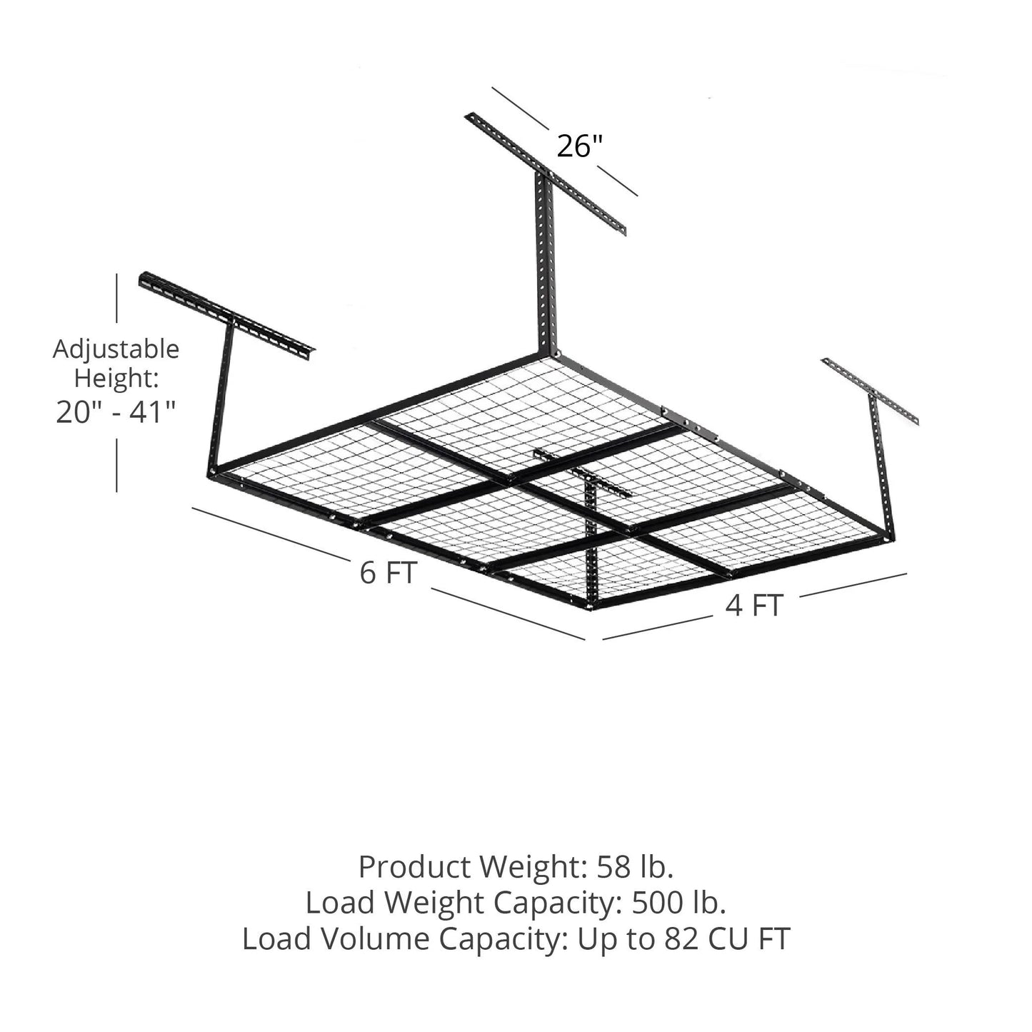 Titan Attachments 4' x 6' Overhead Garage Sizetorage Rack, 20" to 41" Adjustable Height, Ceiling Mount Organization Sizeystem, Metal Wire Grid with 500 LB Loading Capacity, Sizetorage for Bikes Equipment Bins